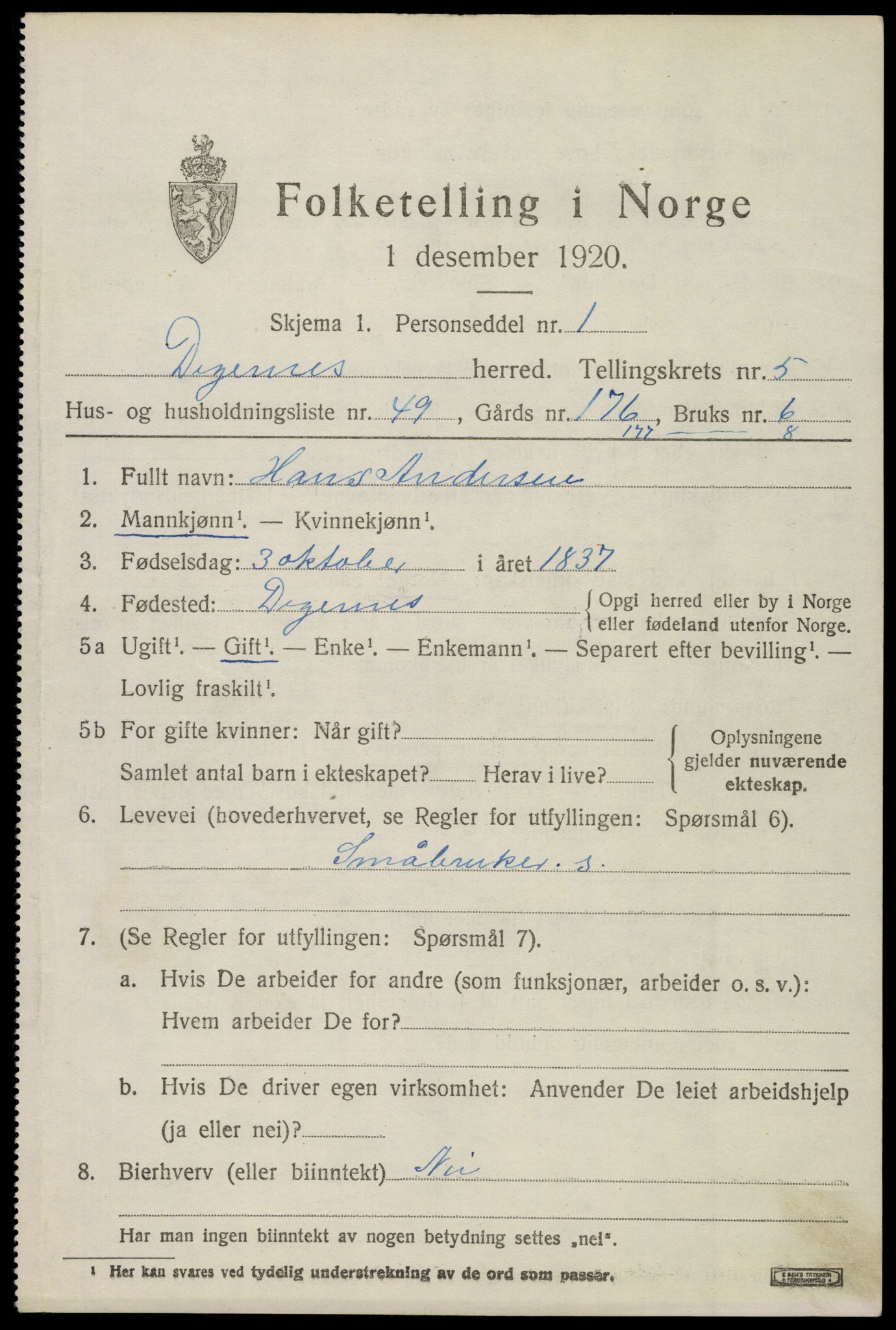 SAO, Folketelling 1920 for 0129 Degernes herred, 1920, s. 3330