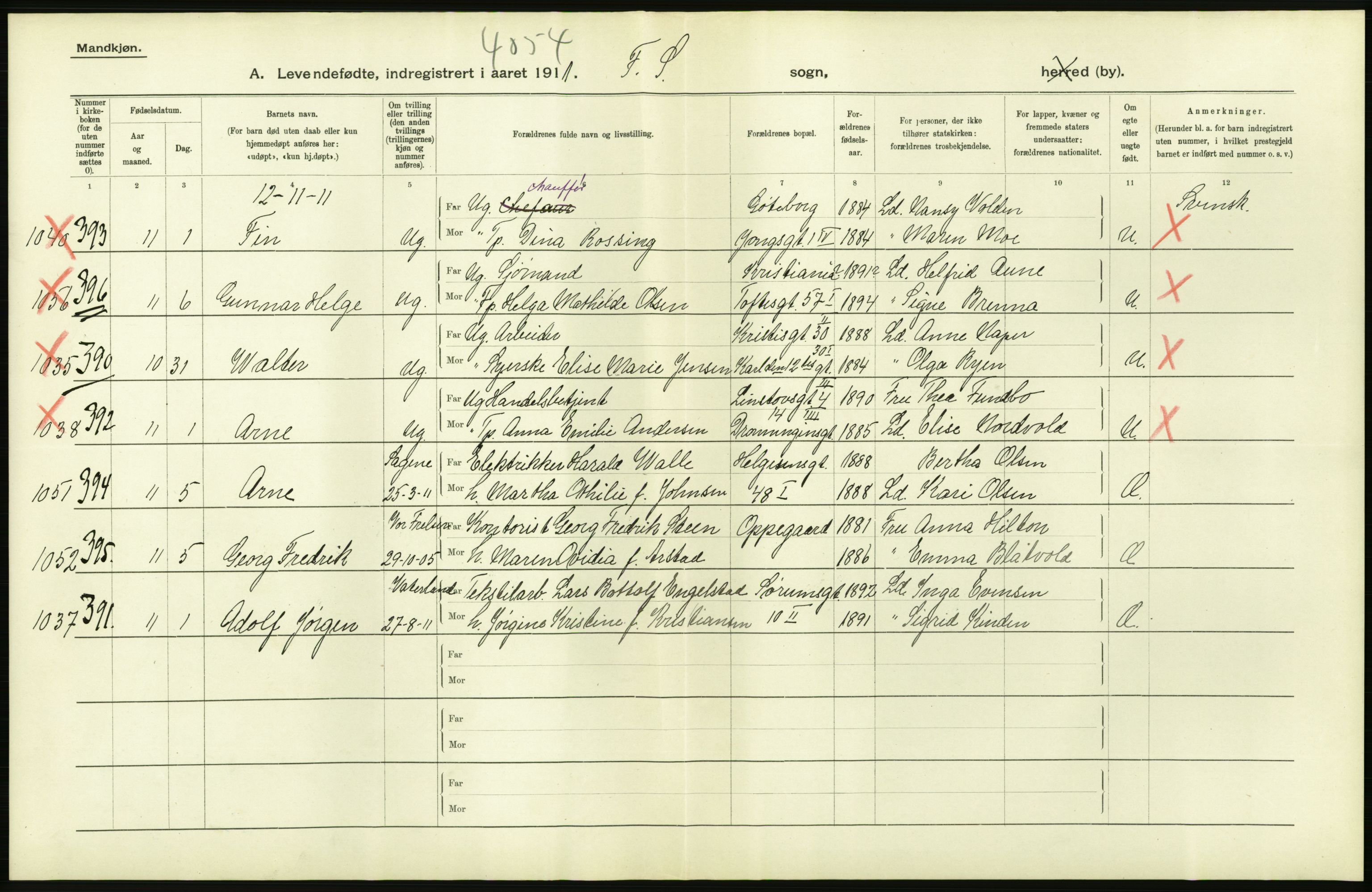 Statistisk sentralbyrå, Sosiodemografiske emner, Befolkning, AV/RA-S-2228/D/Df/Dfb/Dfba/L0006: Kristiania: Levendefødte menn., 1911, s. 428