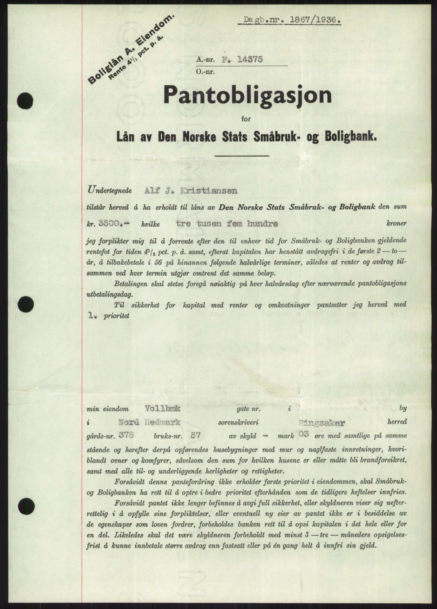 Nord-Hedmark sorenskriveri, SAH/TING-012/H/Hb/Hbf/L0001: Pantebok nr. B1, 1936-1936, Dagboknr: 1867/1936