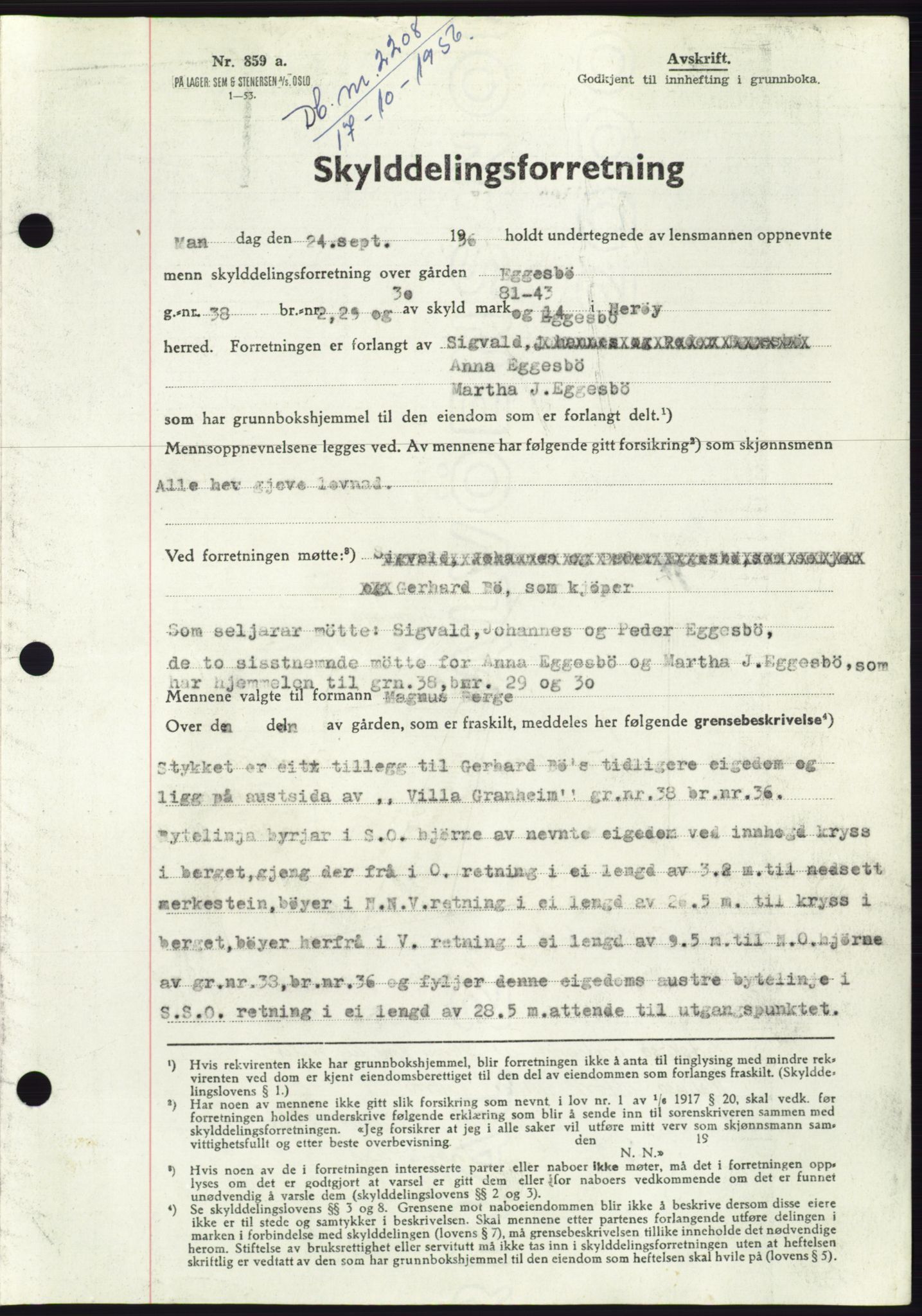 Søre Sunnmøre sorenskriveri, AV/SAT-A-4122/1/2/2C/L0104: Pantebok nr. 30A, 1956-1956, Dagboknr: 2208/1956