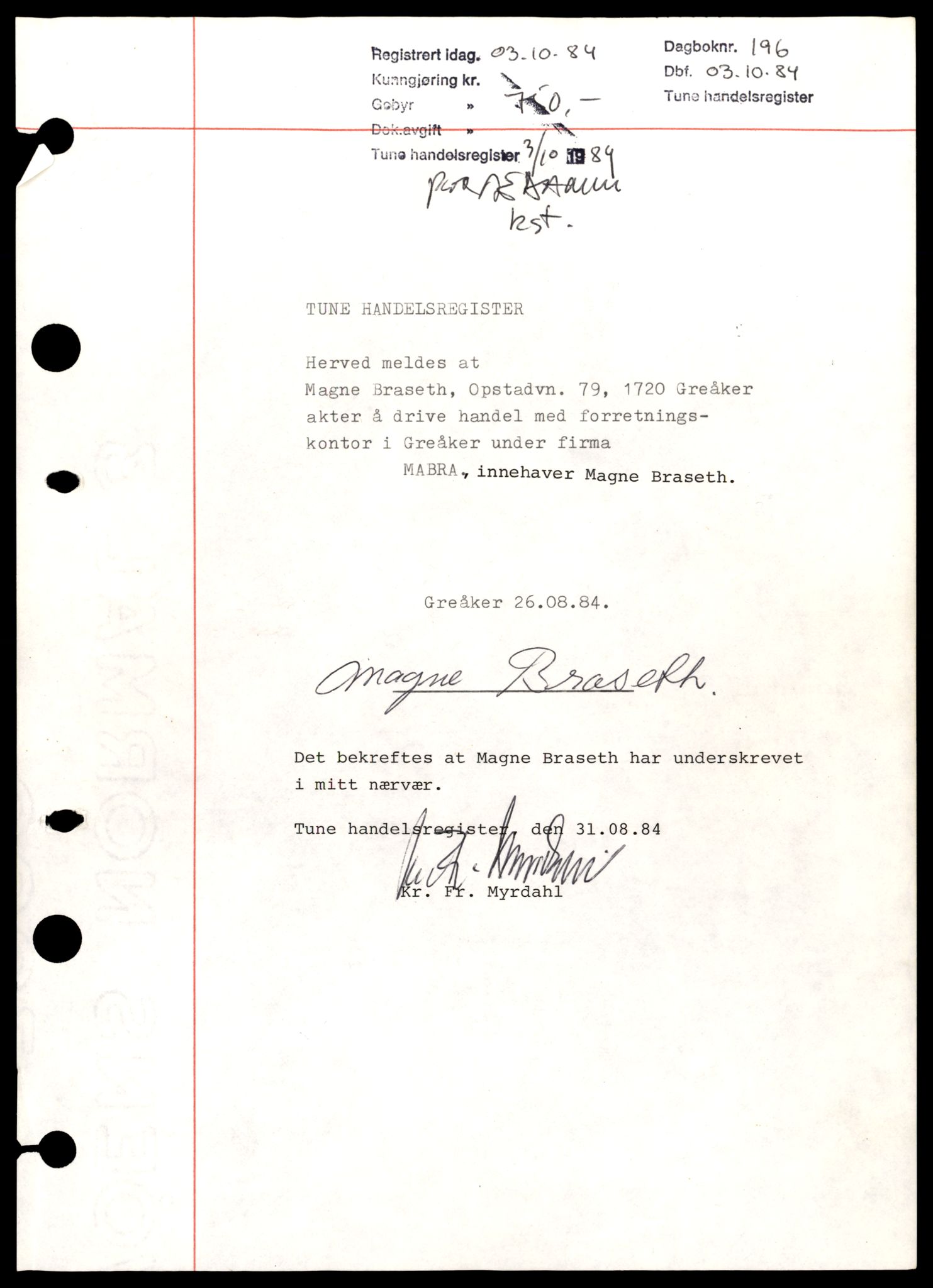 Tune sorenskriveri, SAT/A-10470/K/Kd/Kdc/L0002: Enkeltmannsforetak, M - Å, 1944-1990, s. 1