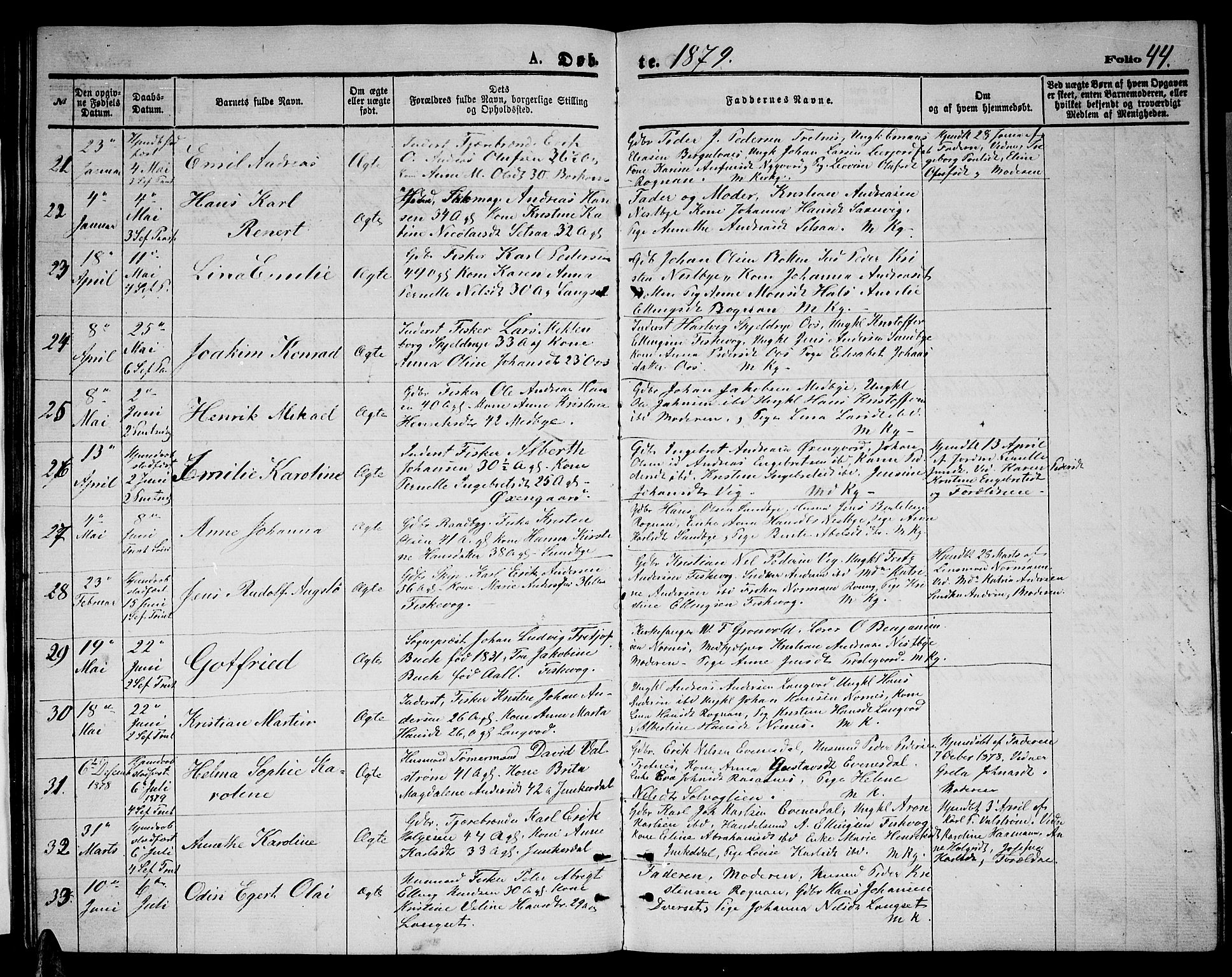 Ministerialprotokoller, klokkerbøker og fødselsregistre - Nordland, AV/SAT-A-1459/847/L0679: Klokkerbok nr. 847C07, 1870-1888, s. 44