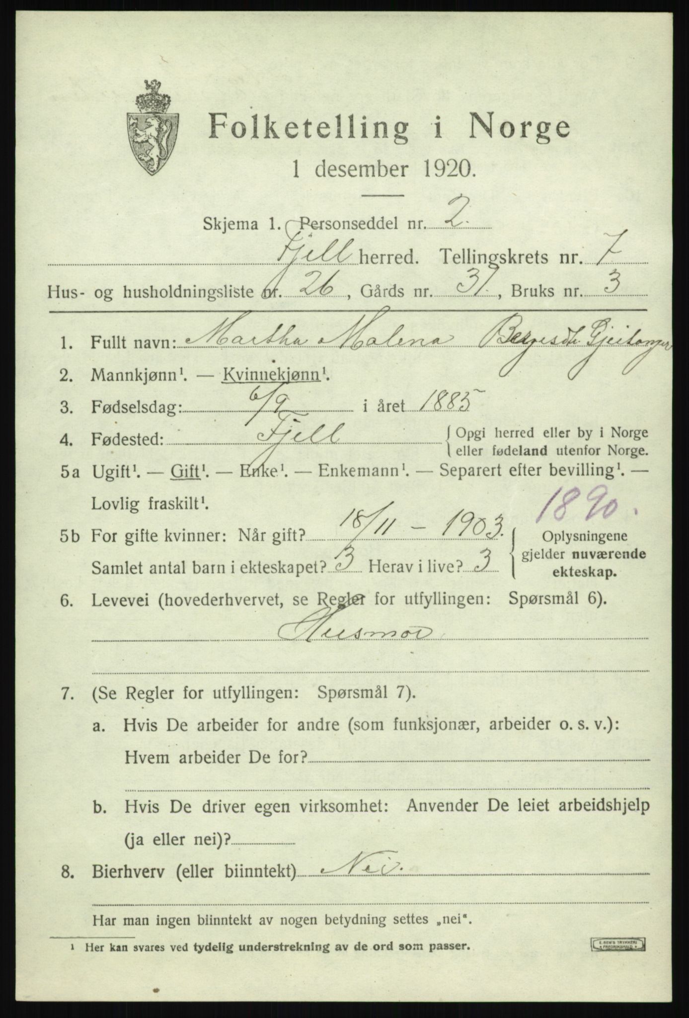 SAB, Folketelling 1920 for 1246 Fjell herred, 1920, s. 6728