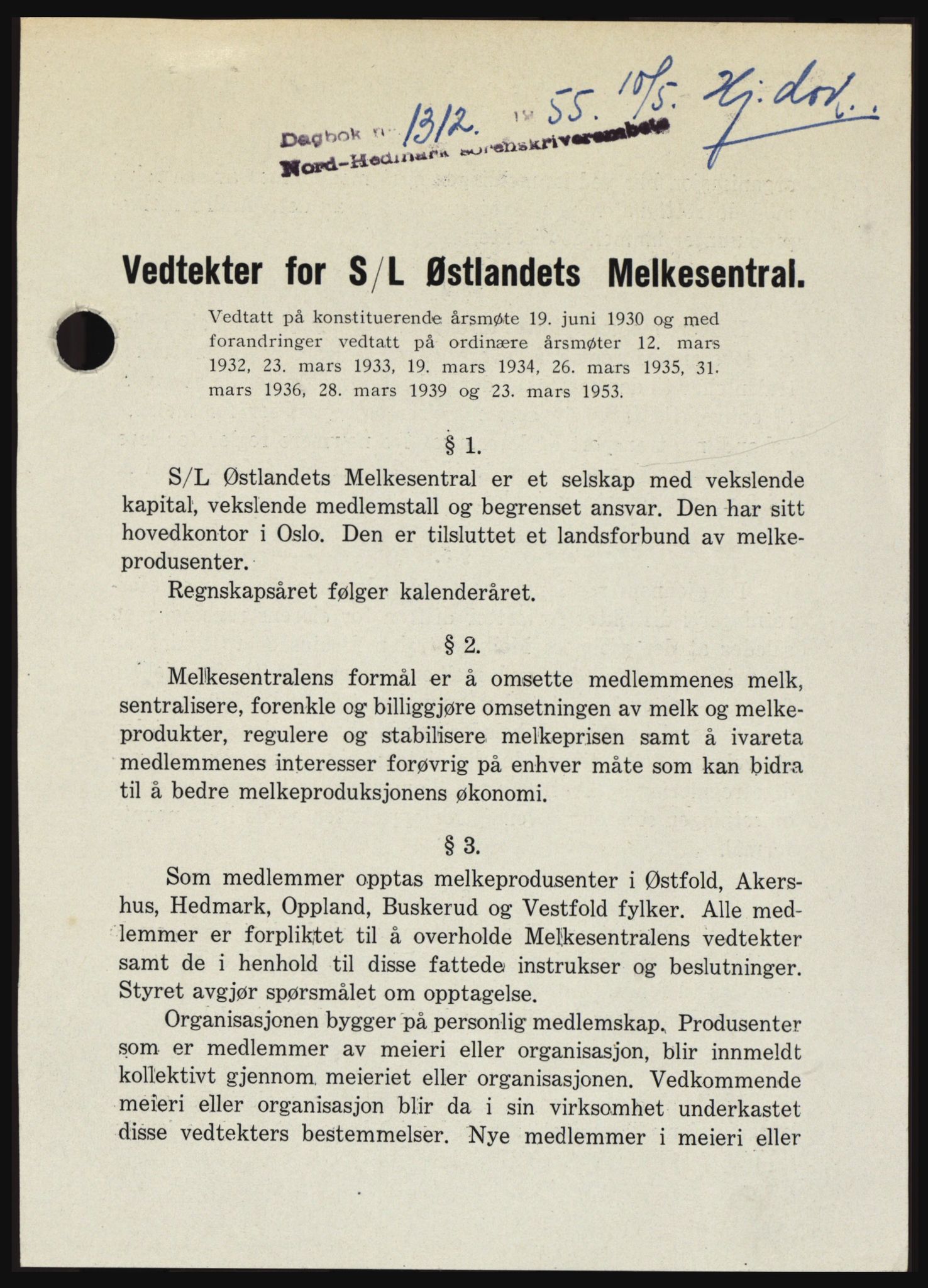 Nord-Hedmark sorenskriveri, SAH/TING-012/H/Hc/L0010: Pantebok nr. 10, 1955-1956, Dagboknr: 1312/1955