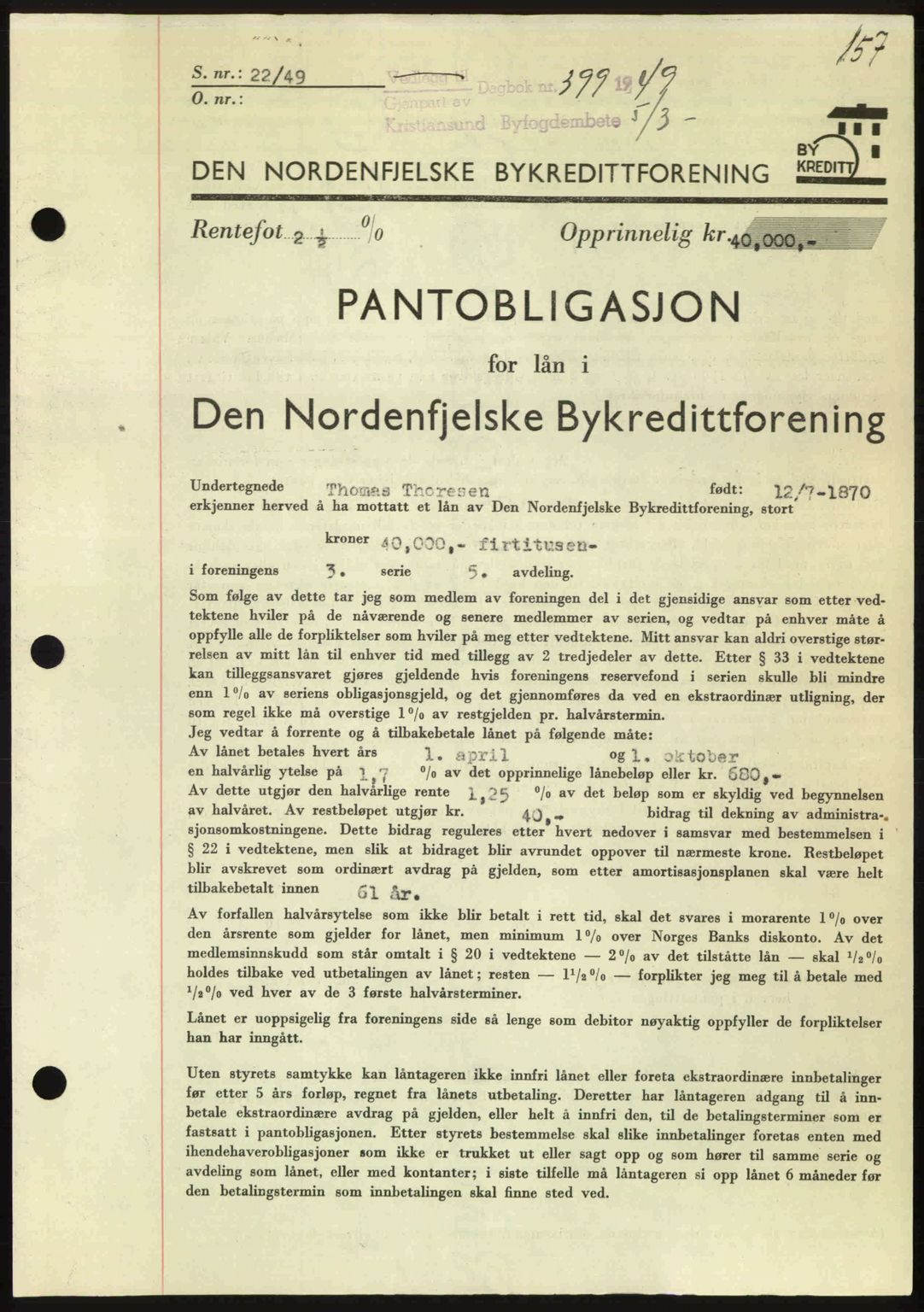 Kristiansund byfogd, AV/SAT-A-4587/A/27: Pantebok nr. 45, 1948-1949, Dagboknr: 399/1949