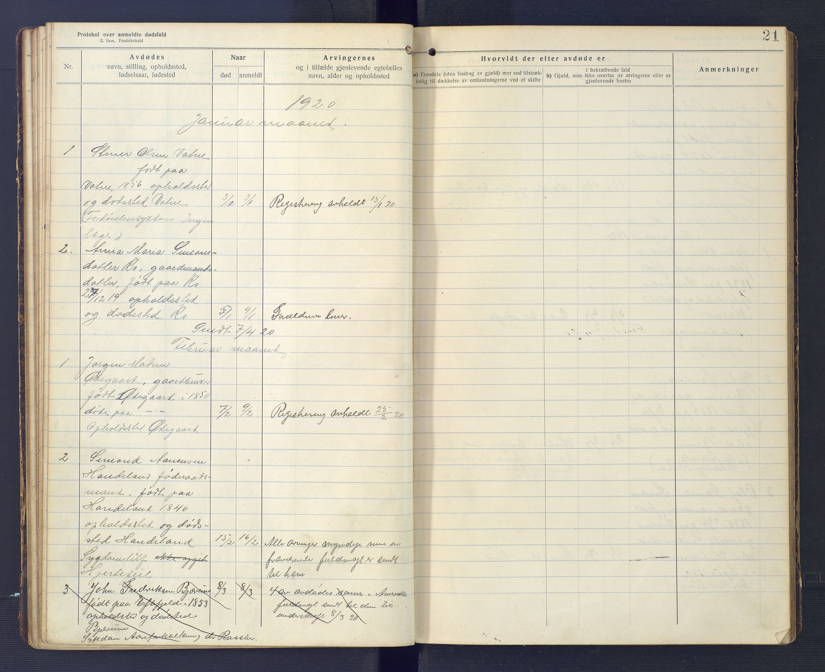 Hægebostad og Eiken lensmannskontor, AV/SAK-1241-0023/F/Fe/L0002: Dødsfallsprotokoll nr 34, 1917-1932, s. 21