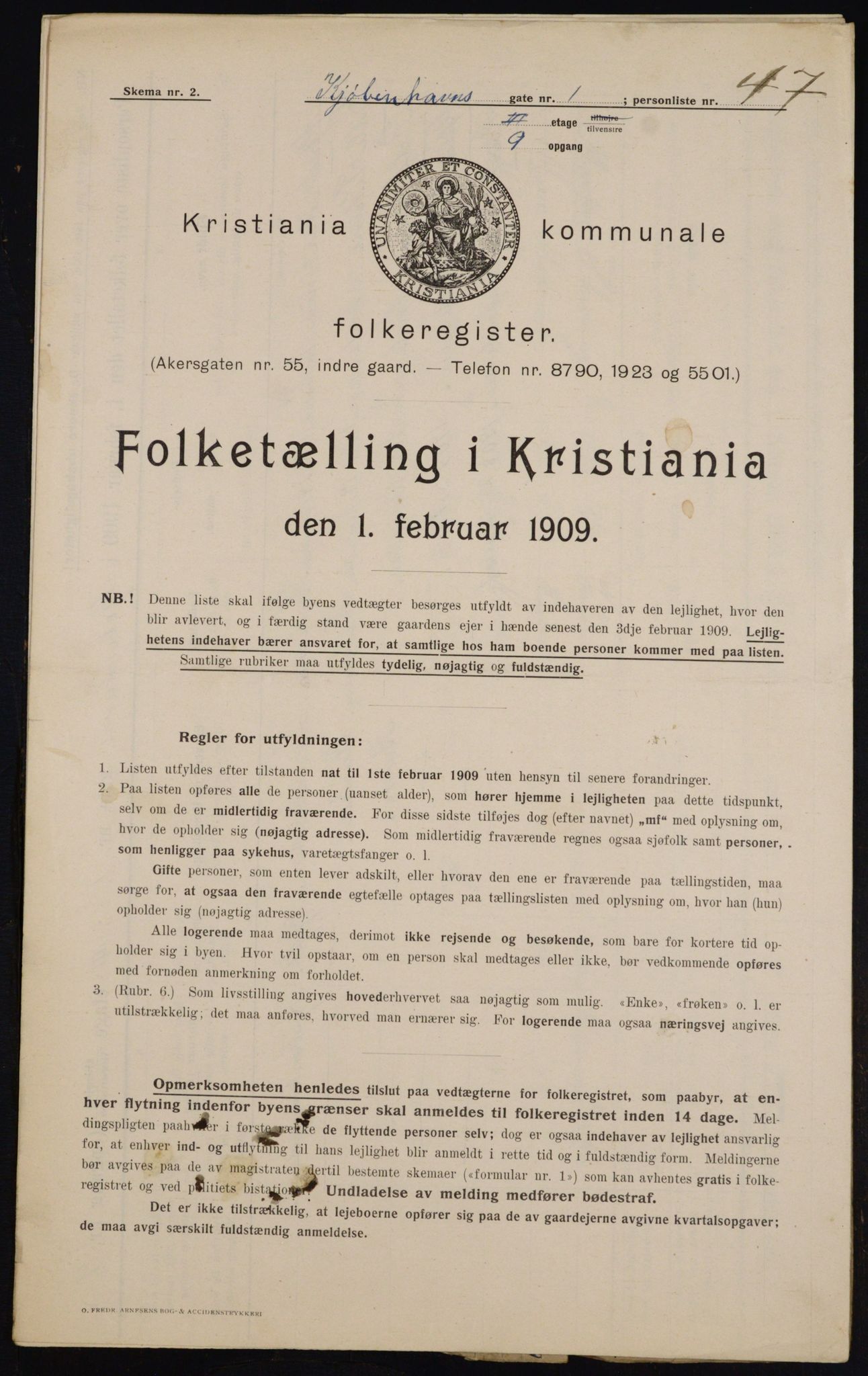 OBA, Kommunal folketelling 1.2.1909 for Kristiania kjøpstad, 1909, s. 46950