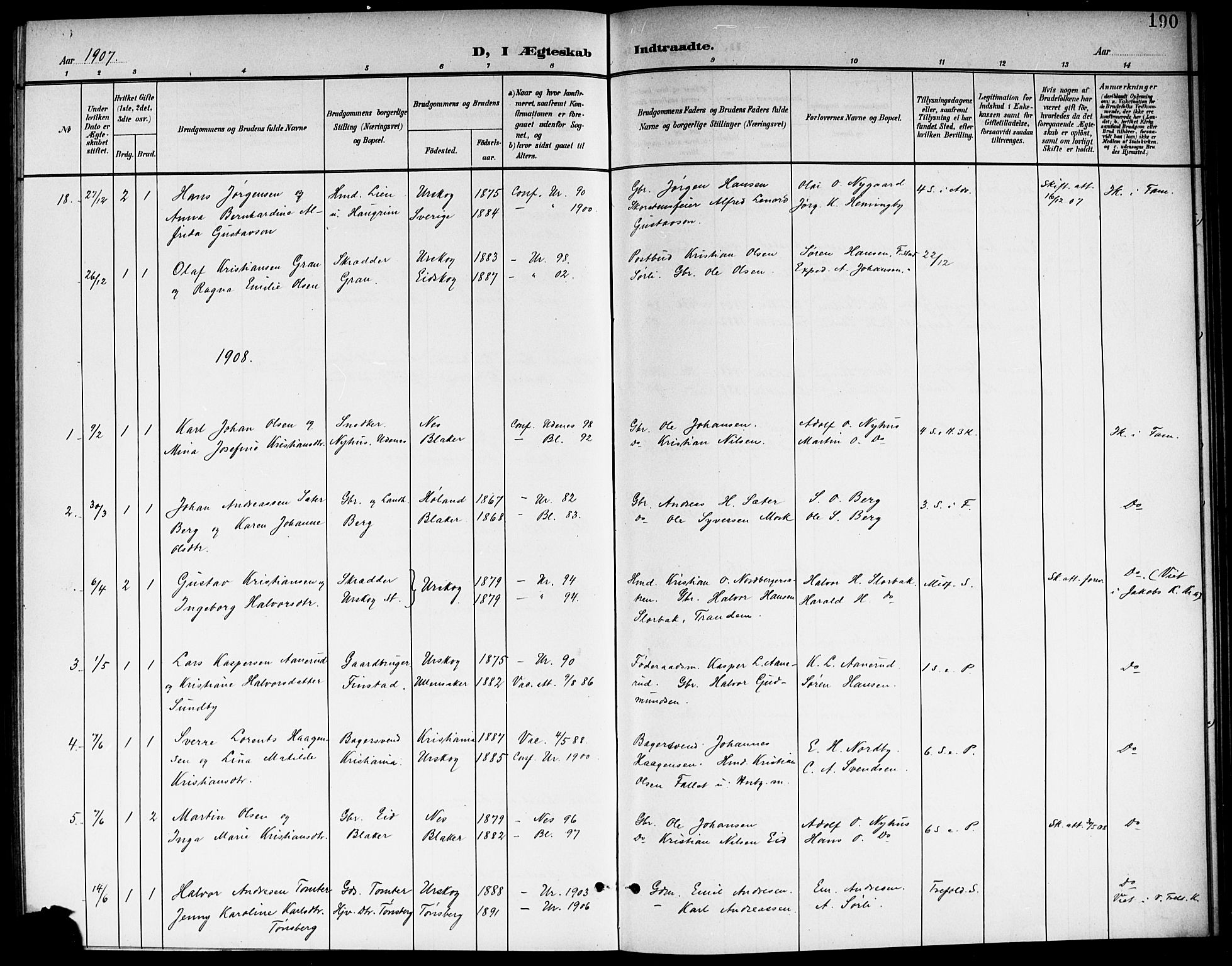 Aurskog prestekontor Kirkebøker, AV/SAO-A-10304a/G/Ga/L0004: Klokkerbok nr. I 4, 1901-1921, s. 190