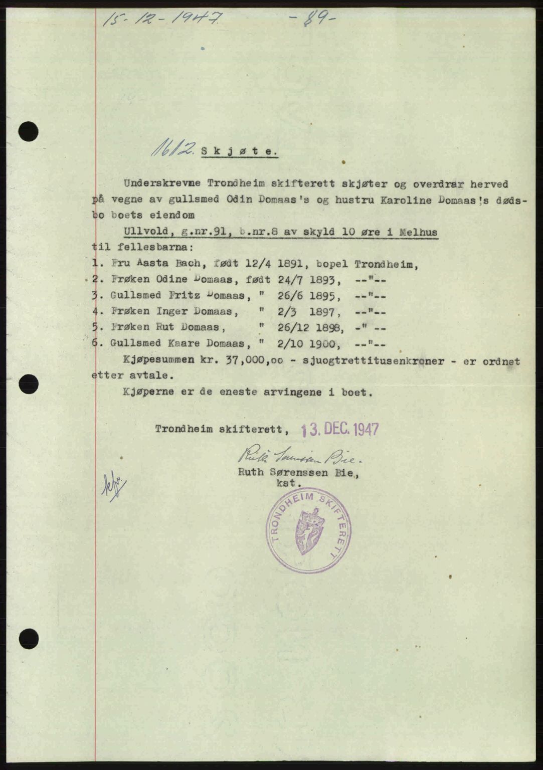 Gauldal sorenskriveri, SAT/A-0014/1/2/2C: Pantebok nr. A5, 1947-1948, Dagboknr: 1612/1947