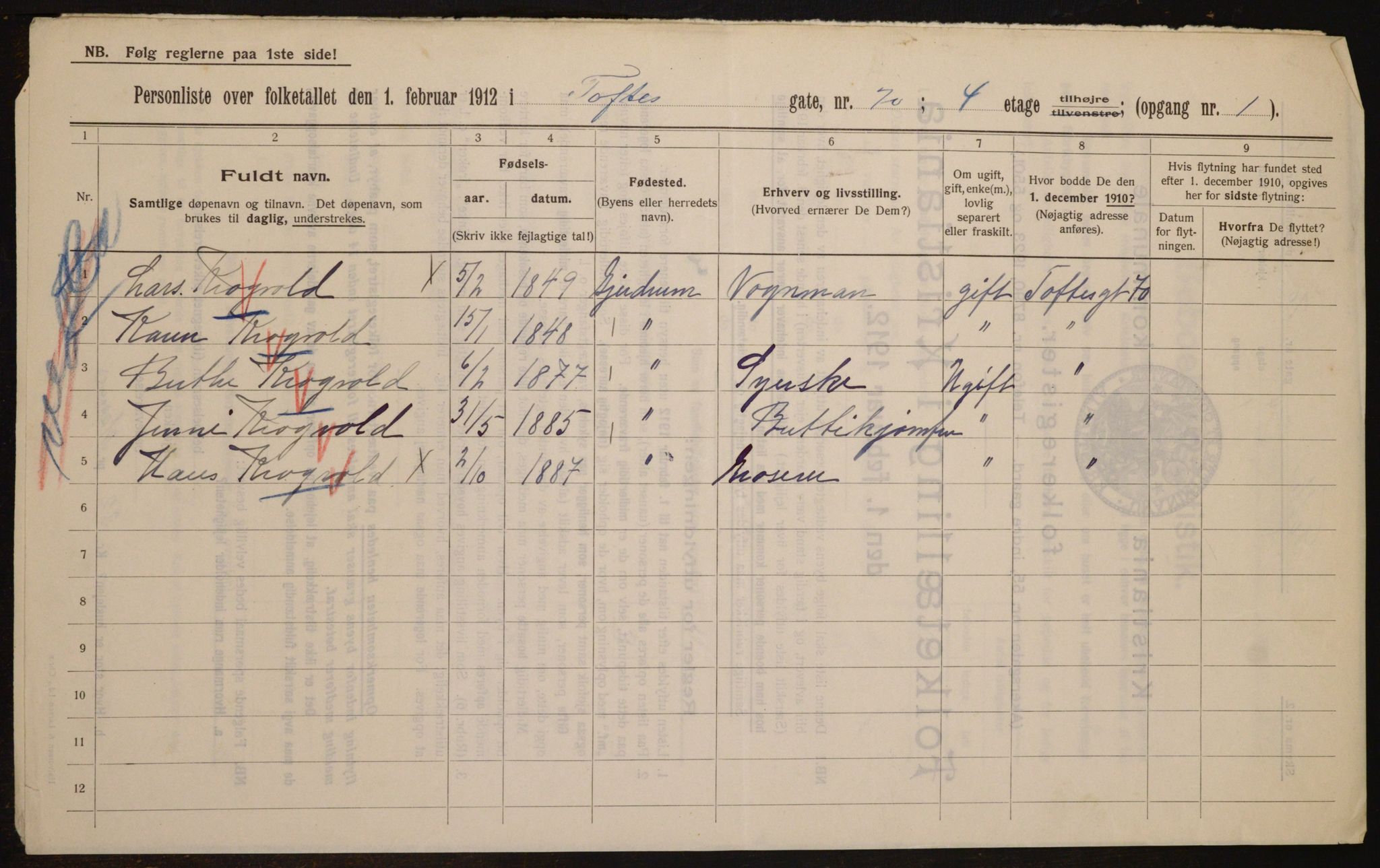 OBA, Kommunal folketelling 1.2.1912 for Kristiania, 1912, s. 113074