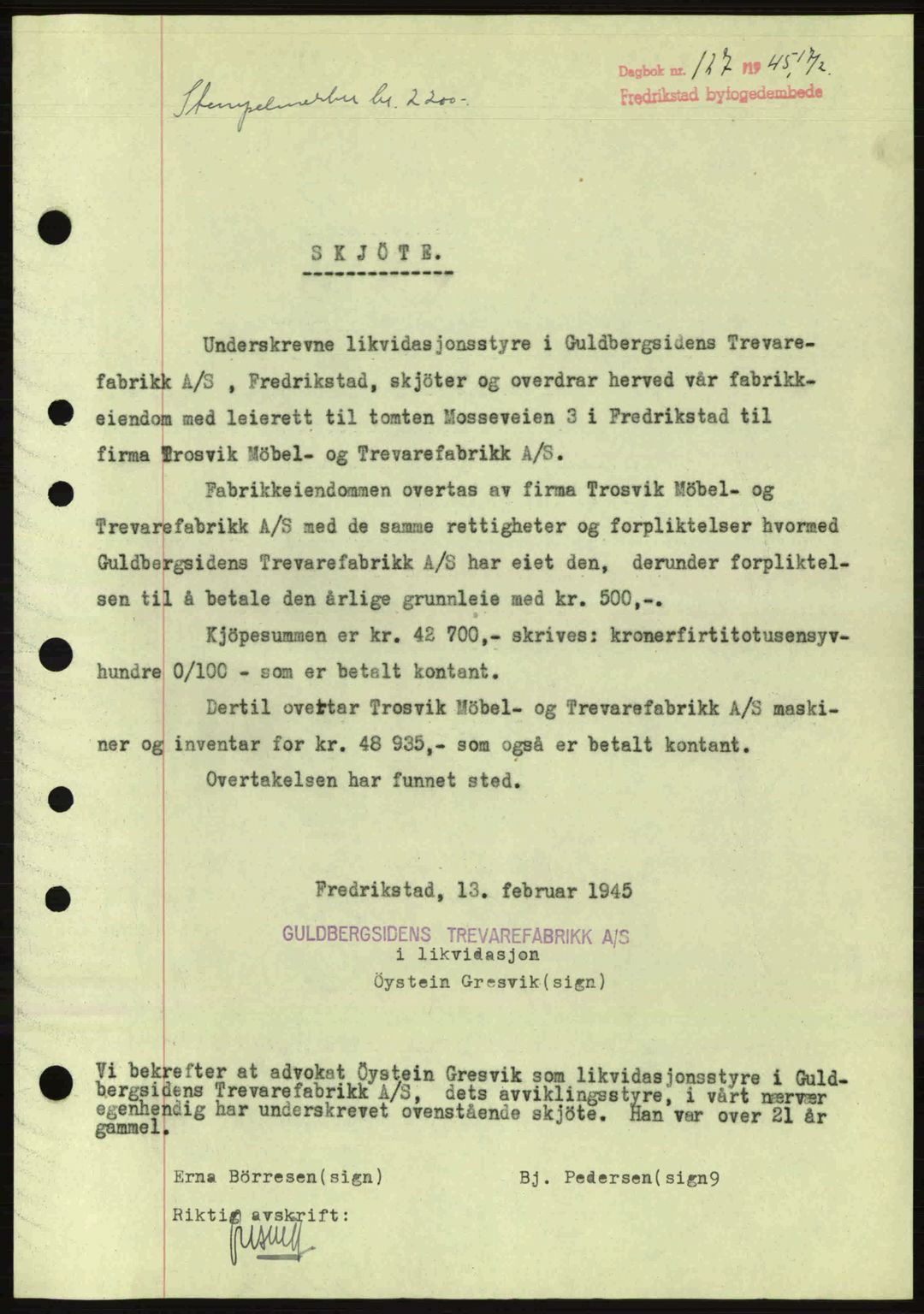 Fredrikstad byfogd, AV/SAO-A-10473a/G/Ga/Gac/L0002: Pantebok nr. A32a, 1940-1945, Dagboknr: 127/1945