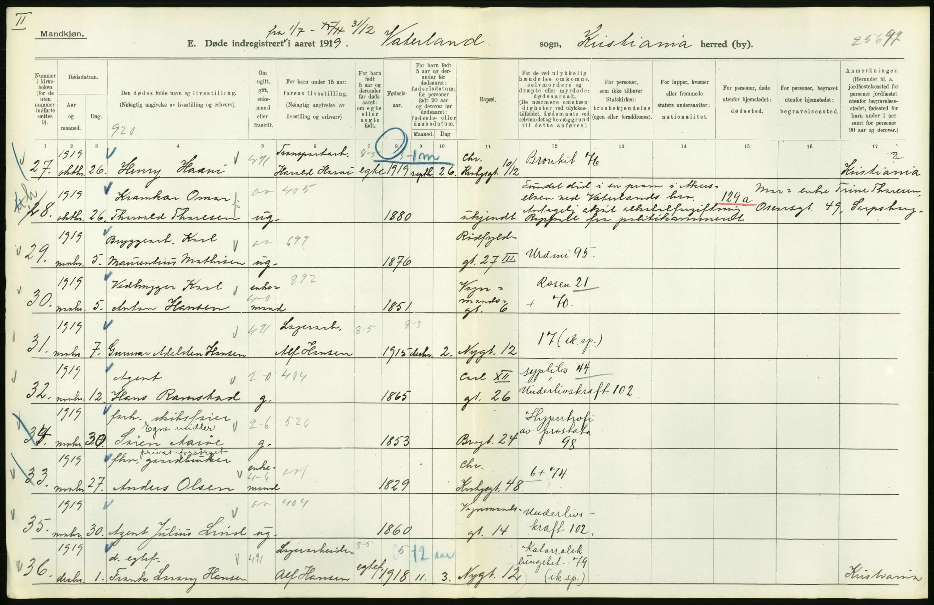 Statistisk sentralbyrå, Sosiodemografiske emner, Befolkning, AV/RA-S-2228/D/Df/Dfb/Dfbi/L0010: Kristiania: Døde, 1919, s. 510