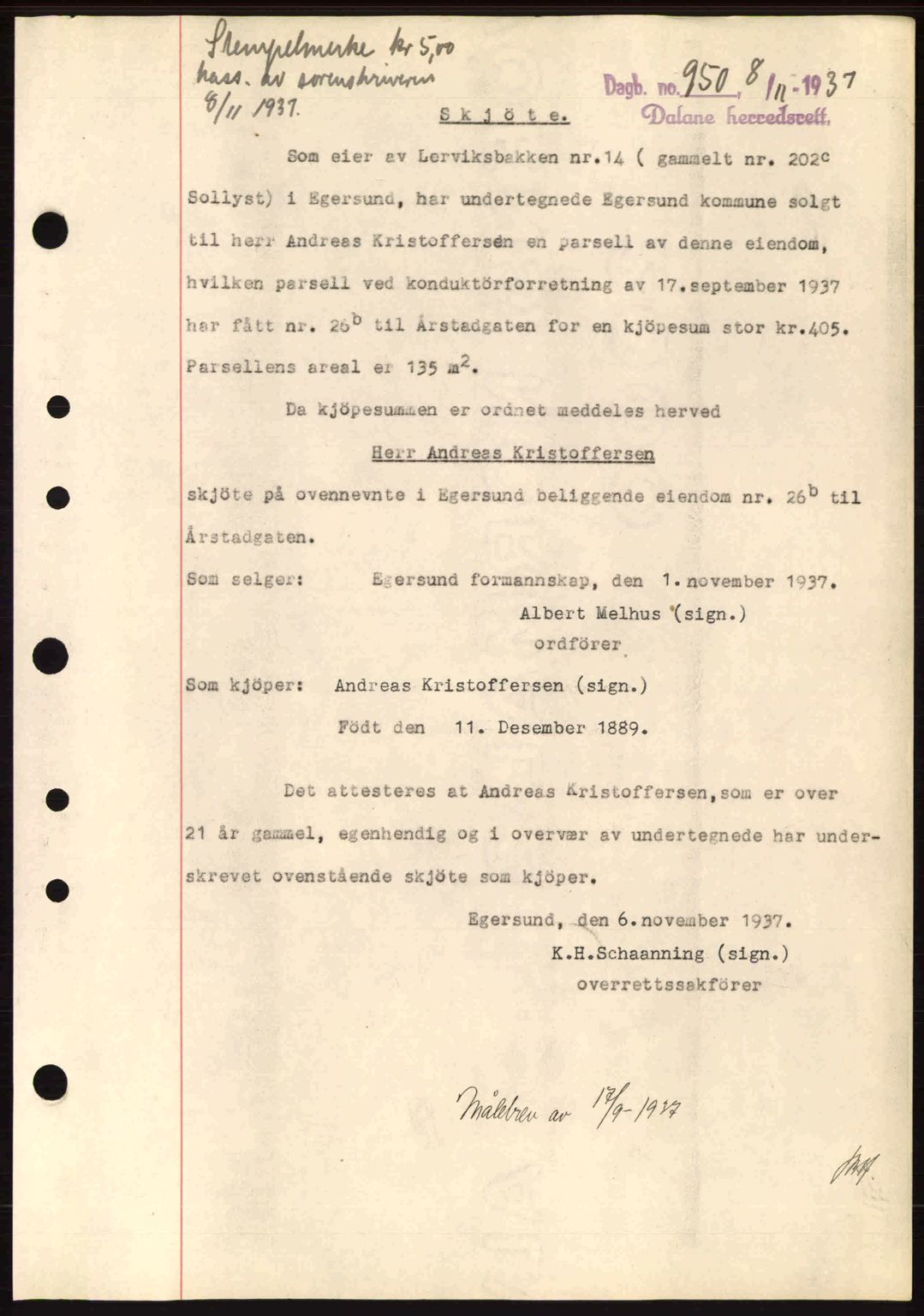 Dalane sorenskriveri, SAST/A-100309/02/G/Gb/L0041: Pantebok nr. A2, 1936-1937, Dagboknr: 950/1937