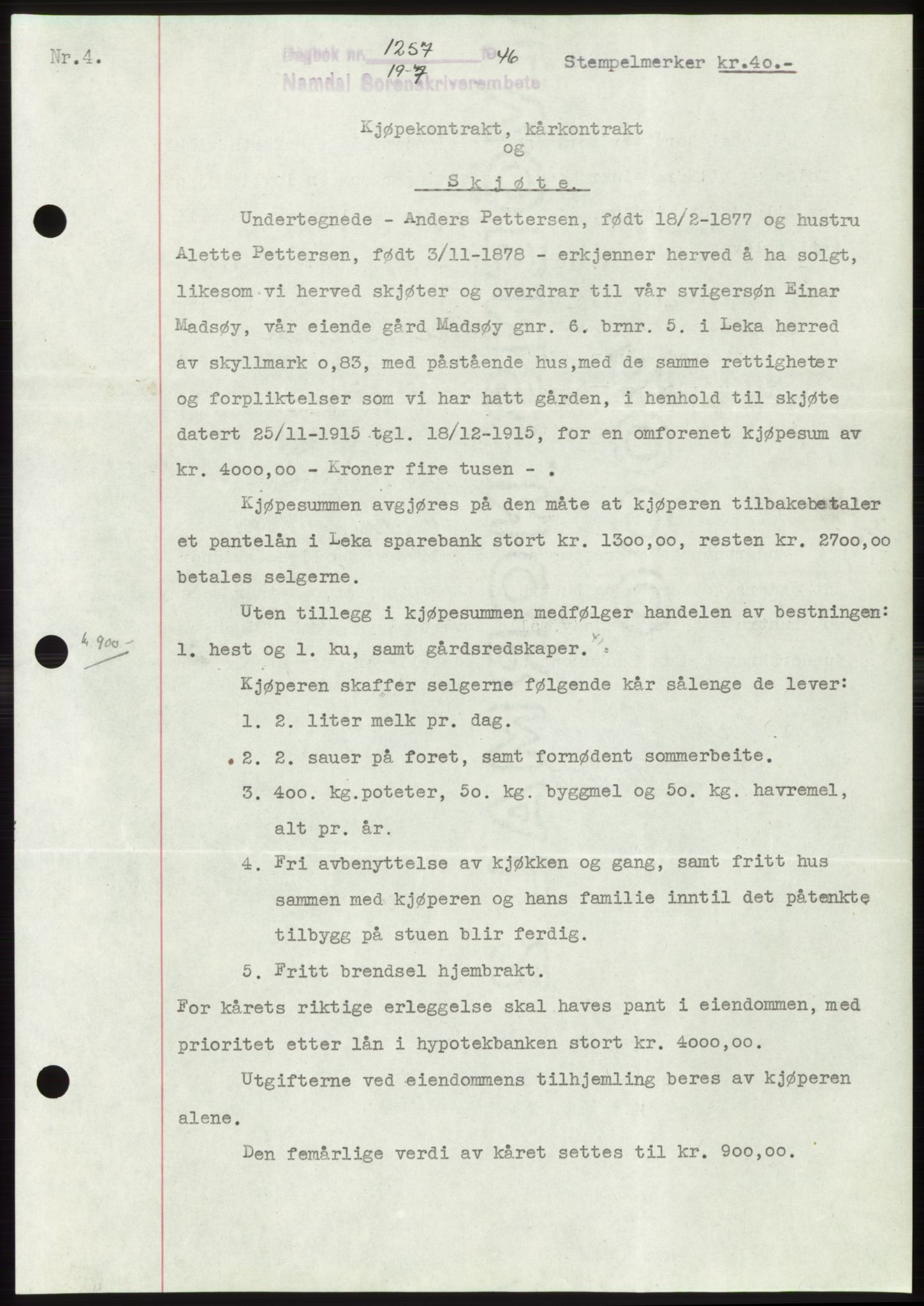 Namdal sorenskriveri, SAT/A-4133/1/2/2C: Pantebok nr. -, 1946-1946, Dagboknr: 1257/1946