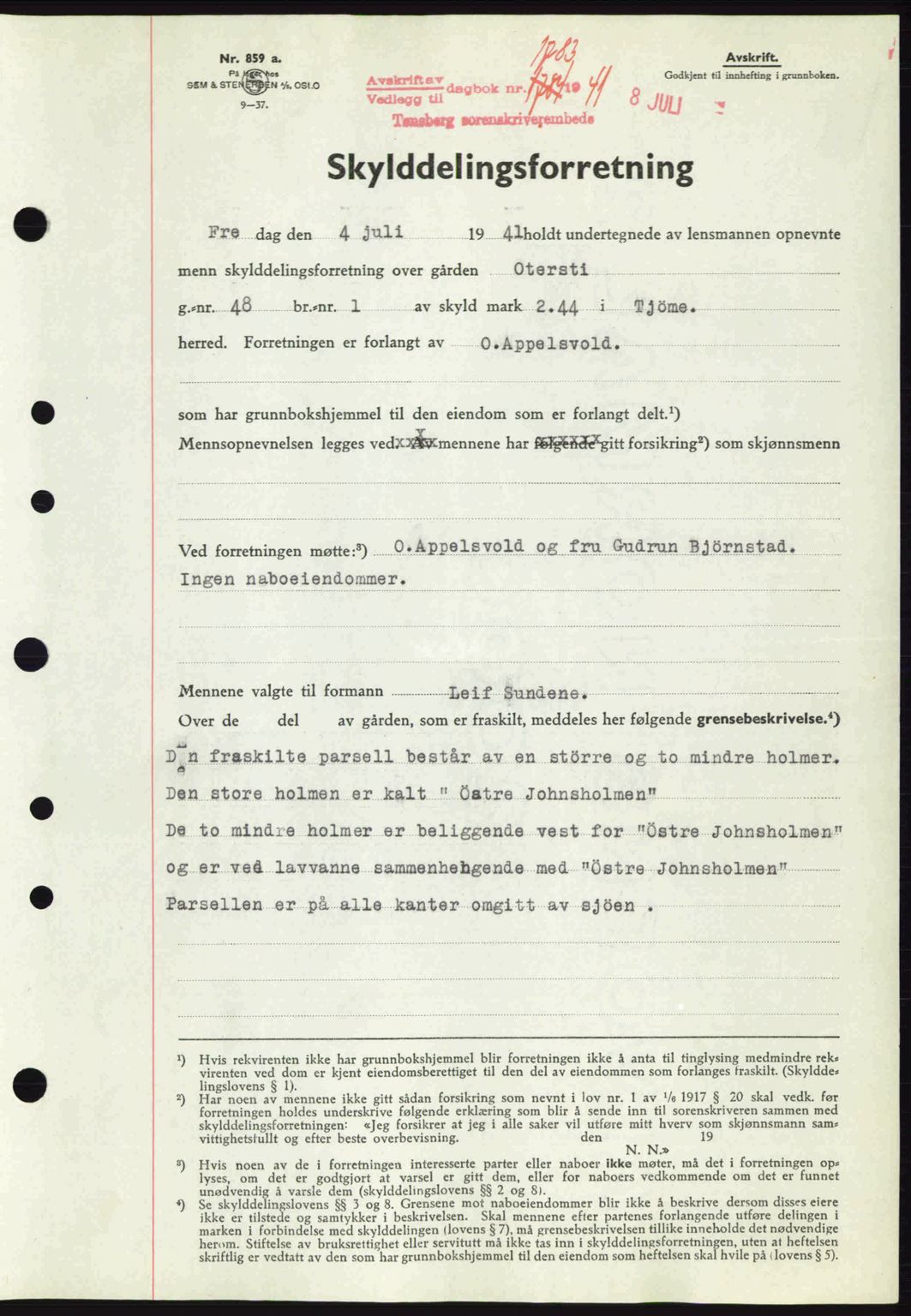 Tønsberg sorenskriveri, AV/SAKO-A-130/G/Ga/Gaa/L0010: Pantebok nr. A10, 1941-1941, Dagboknr: 1783/1941