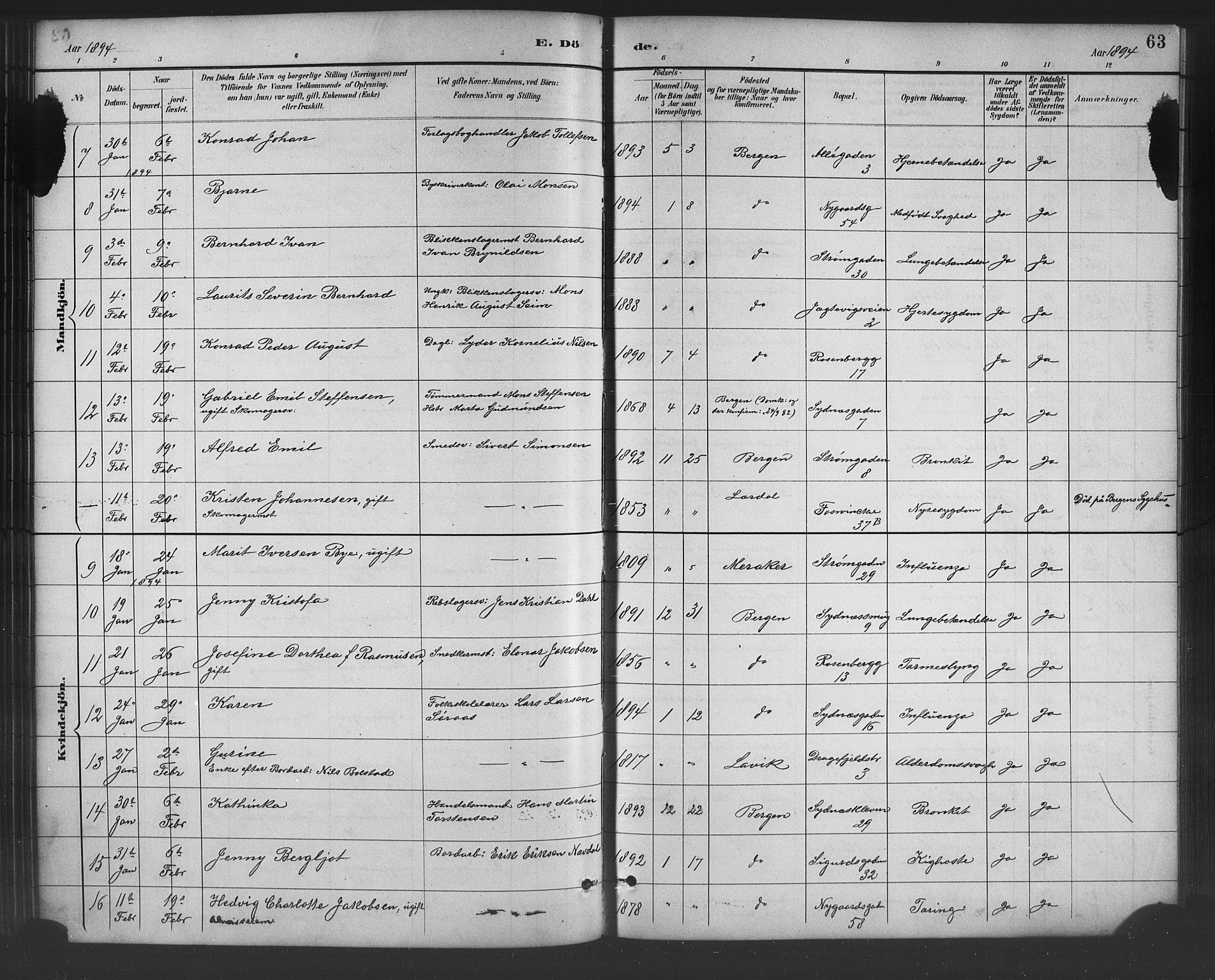 Johanneskirken sokneprestembete, SAB/A-76001/H/Hab: Klokkerbok nr. D 1, 1885-1915, s. 63