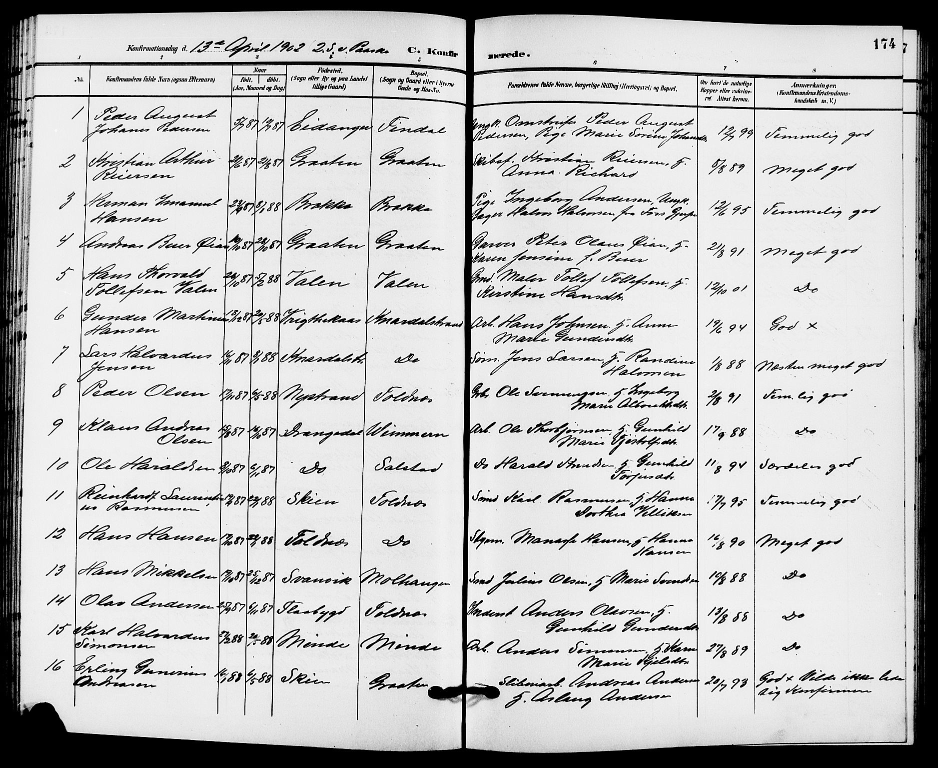 Solum kirkebøker, AV/SAKO-A-306/G/Ga/L0008: Klokkerbok nr. I 8, 1898-1909, s. 174
