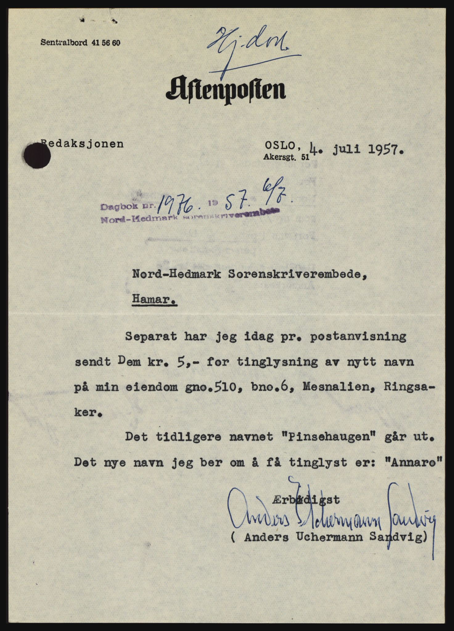 Nord-Hedmark sorenskriveri, SAH/TING-012/H/Hc/L0011: Pantebok nr. 11, 1956-1957, Dagboknr: 1976/1957