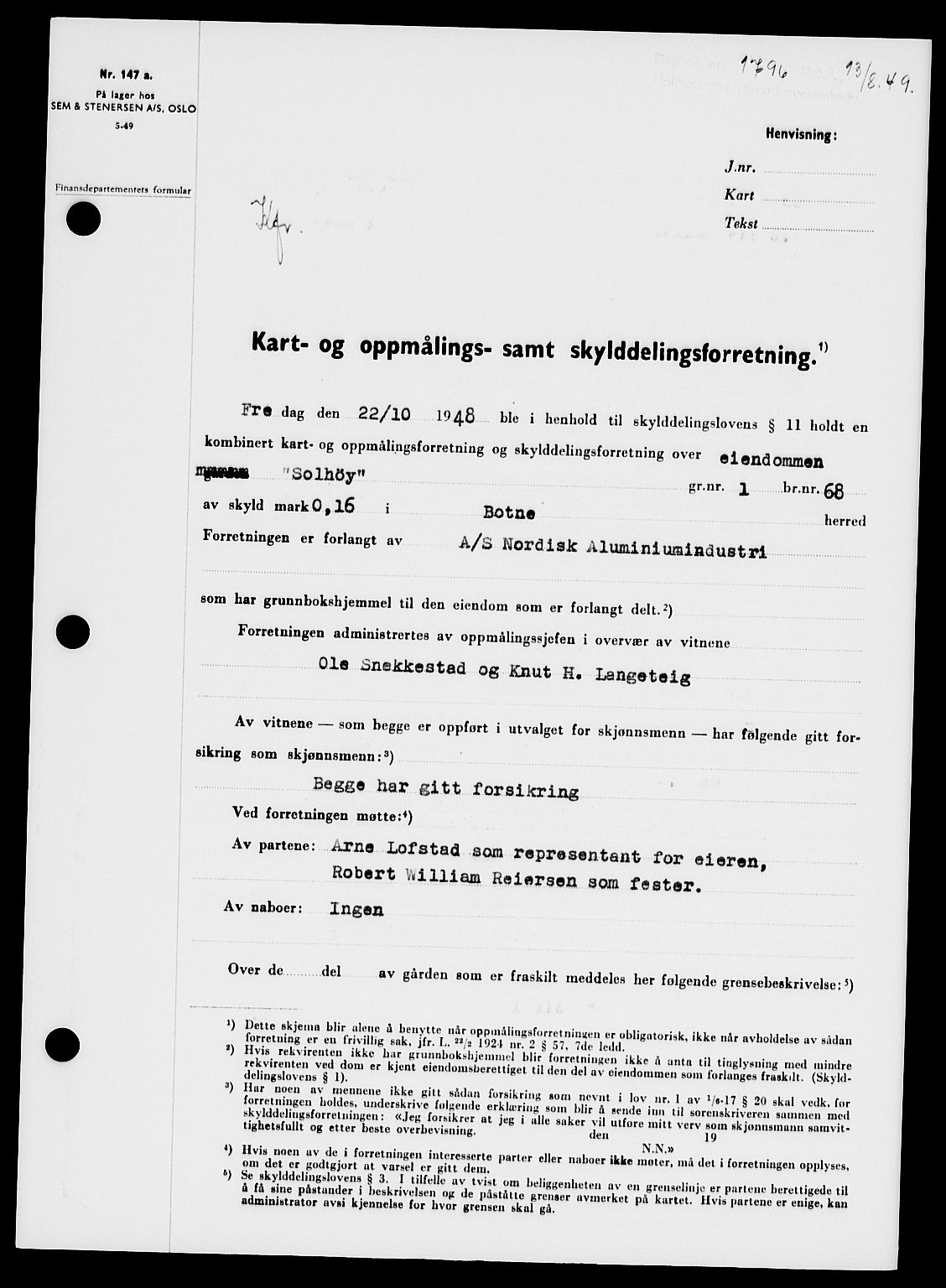 Holmestrand sorenskriveri, SAKO/A-67/G/Ga/Gaa/L0067: Pantebok nr. A-67, 1949-1949, Dagboknr: 1796/1949