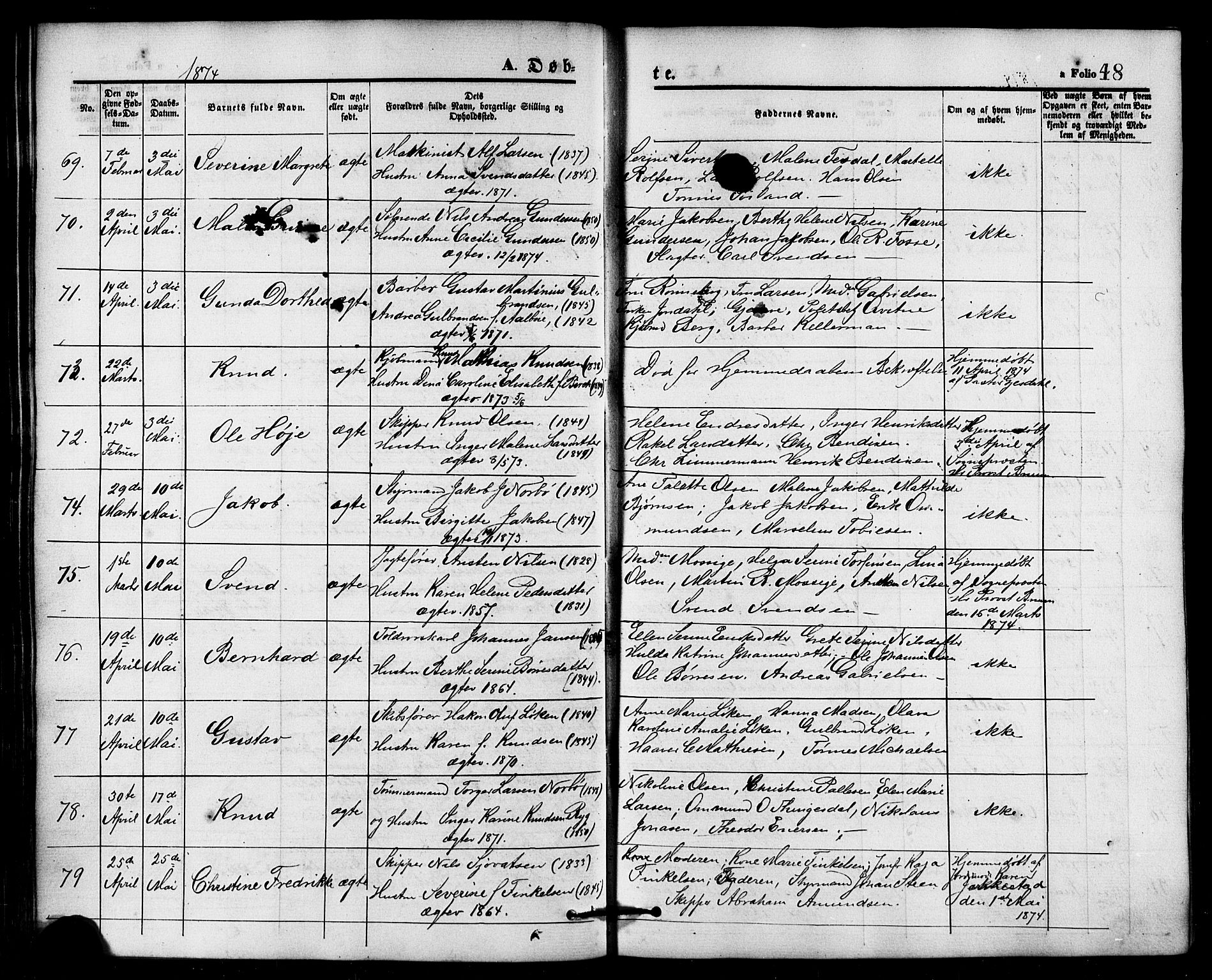 Domkirken sokneprestkontor, AV/SAST-A-101812/001/30/30BB/L0013: Klokkerbok nr. B 13, 1871-1880, s. 48