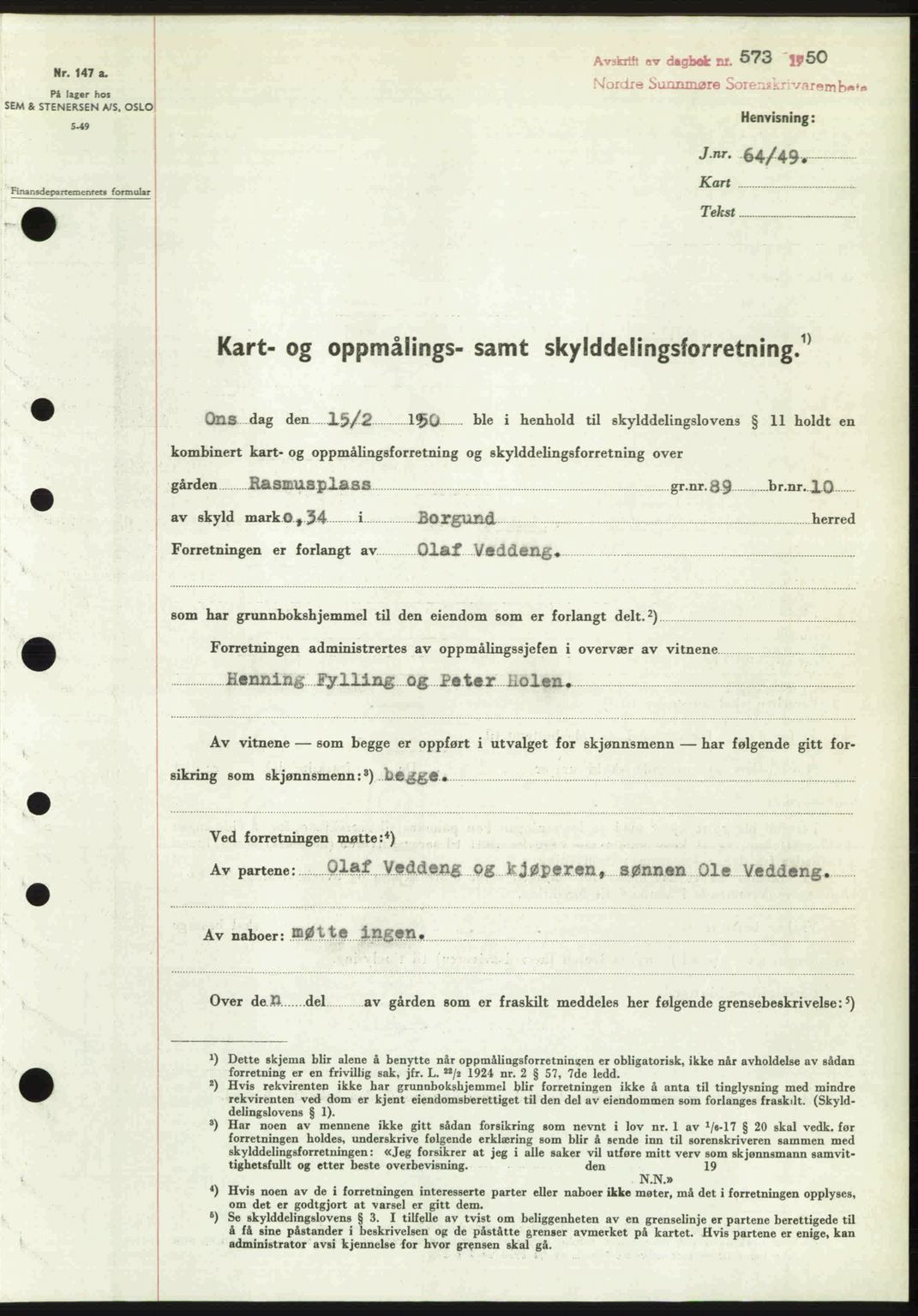 Nordre Sunnmøre sorenskriveri, SAT/A-0006/1/2/2C/2Ca: Pantebok nr. A34, 1950-1950, Dagboknr: 573/1950