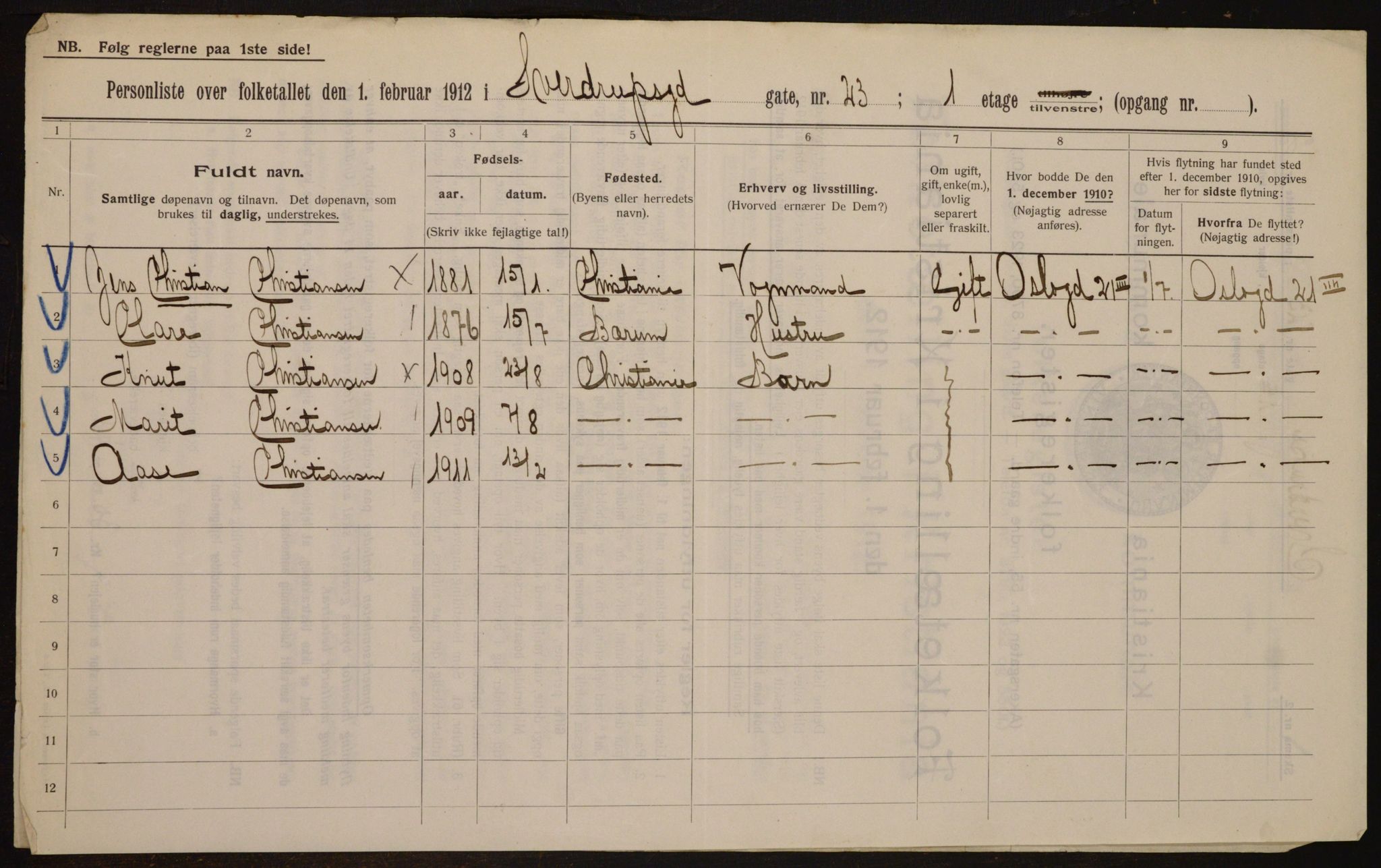 OBA, Kommunal folketelling 1.2.1912 for Kristiania, 1912, s. 105786