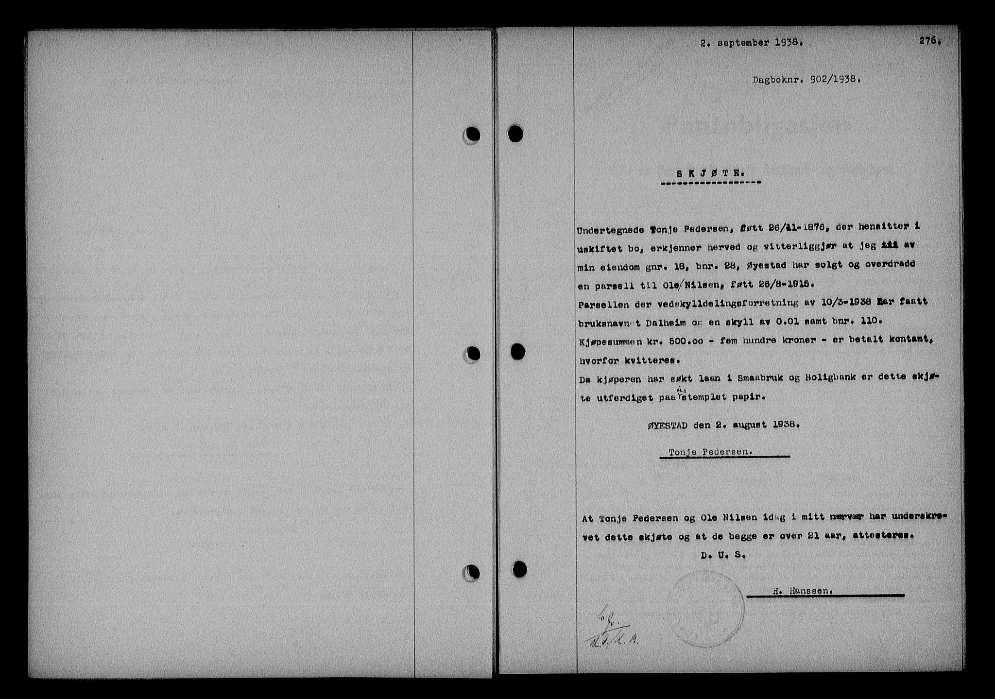 Nedenes sorenskriveri, SAK/1221-0006/G/Gb/Gba/L0045: Pantebok nr. 41, 1938-1938, Dagboknr: 902/1938