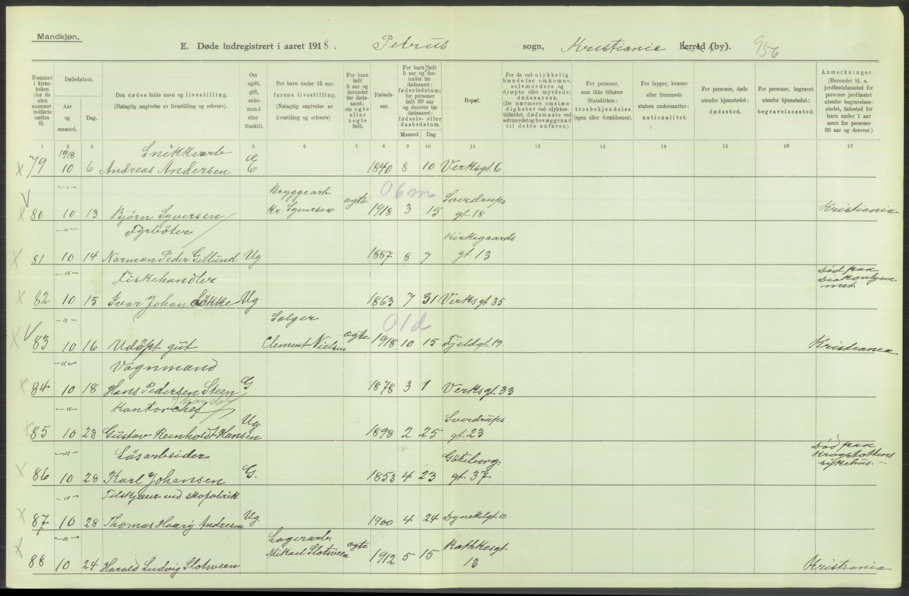 Statistisk sentralbyrå, Sosiodemografiske emner, Befolkning, AV/RA-S-2228/D/Df/Dfb/Dfbh/L0010: Kristiania: Døde, 1918, s. 580