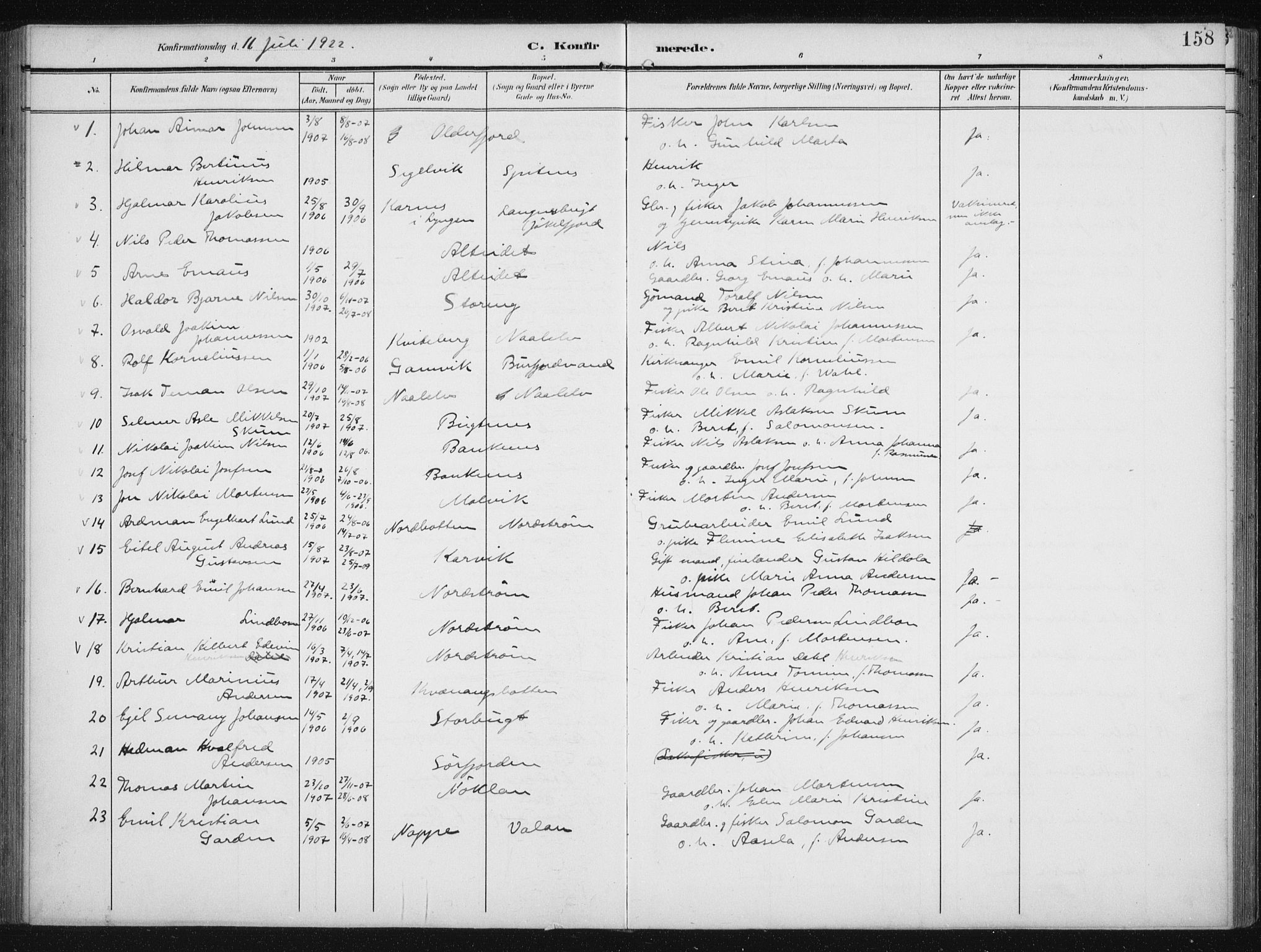 Skjervøy sokneprestkontor, AV/SATØ-S-1300/H/Ha/Hab/L0017klokker: Klokkerbok nr. 17, 1906-1941, s. 158