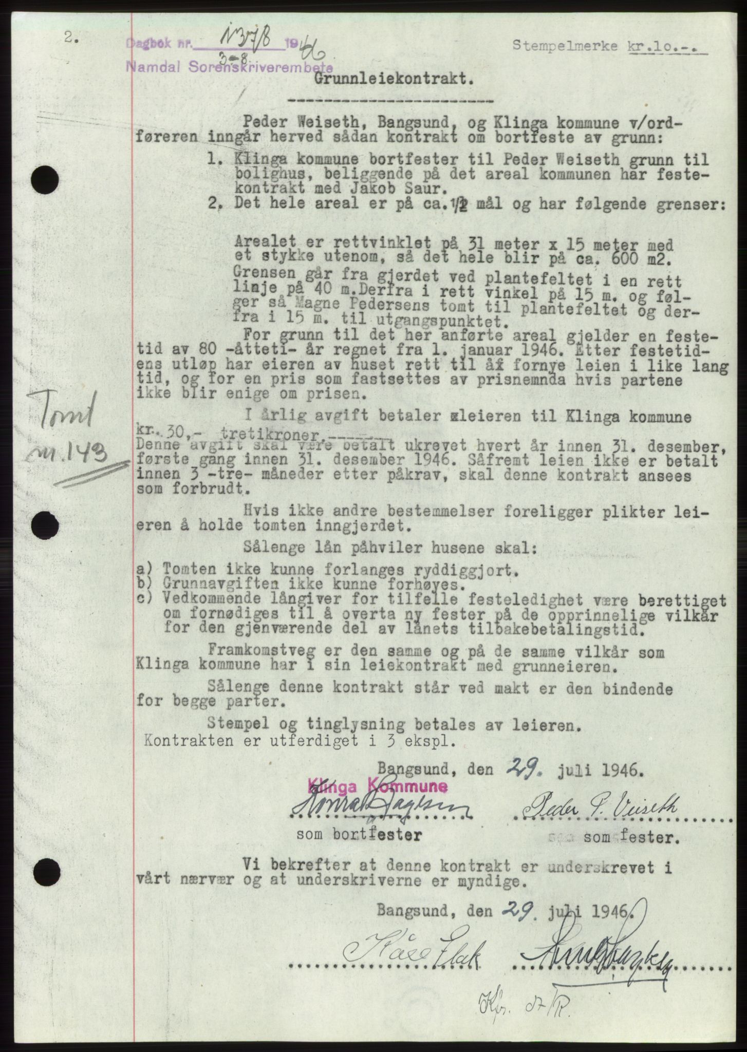 Namdal sorenskriveri, SAT/A-4133/1/2/2C: Pantebok nr. -, 1946-1946, Dagboknr: 1378/1946