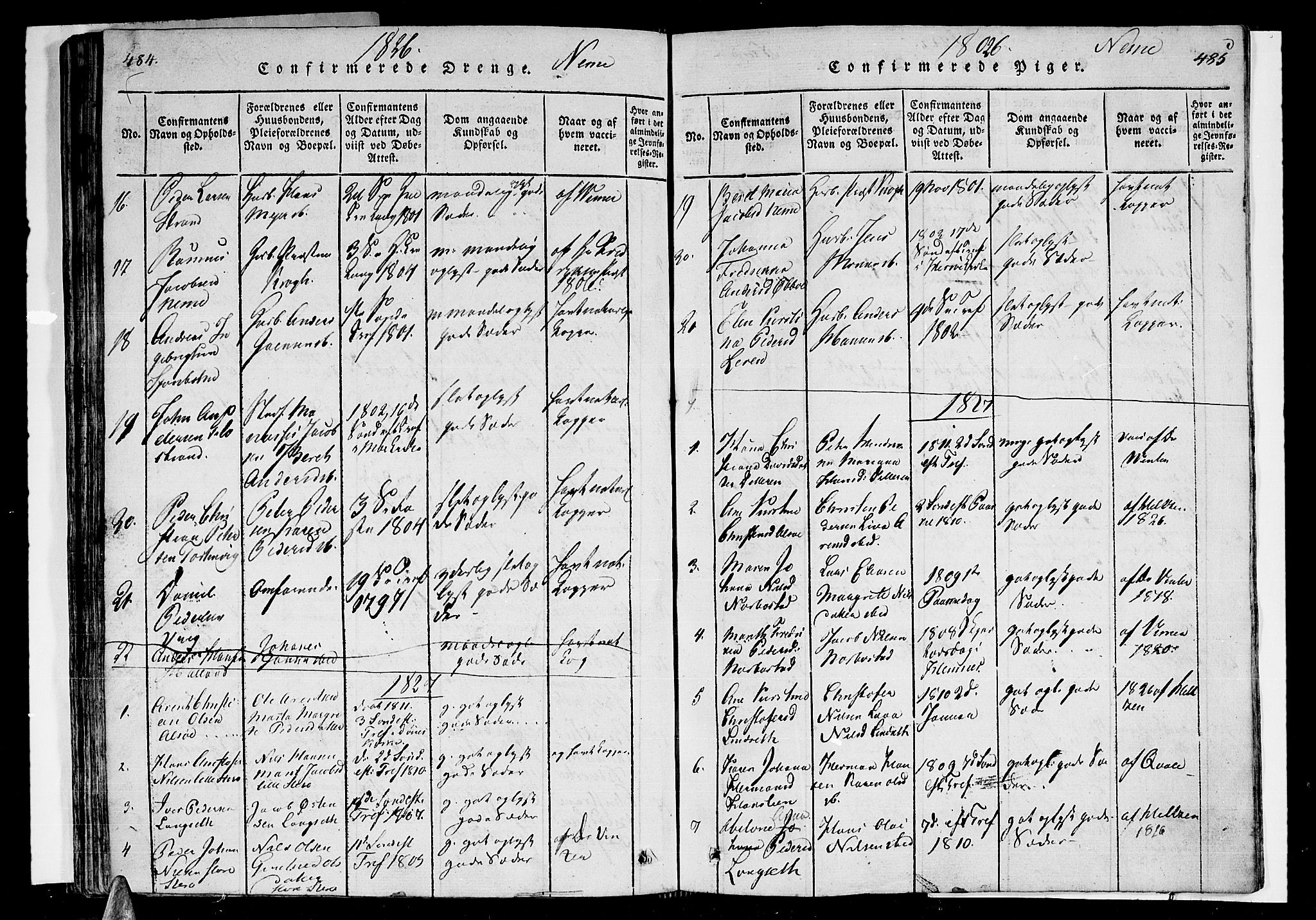 Ministerialprotokoller, klokkerbøker og fødselsregistre - Nordland, SAT/A-1459/838/L0546: Ministerialbok nr. 838A05 /1, 1820-1828, s. 484-485