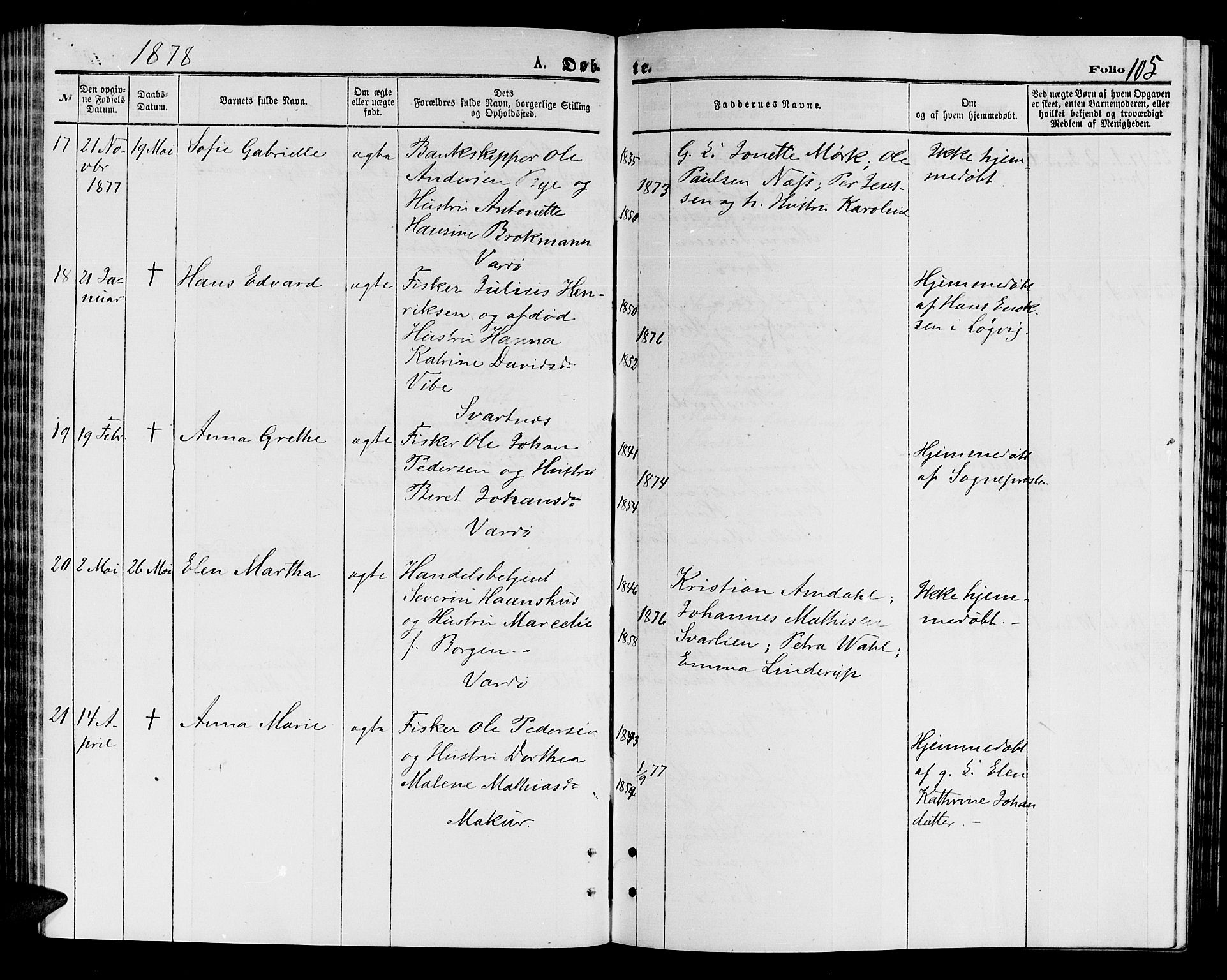 Vardø sokneprestkontor, AV/SATØ-S-1332/H/Hb/L0003klokker: Klokkerbok nr. 3, 1871-1878, s. 105