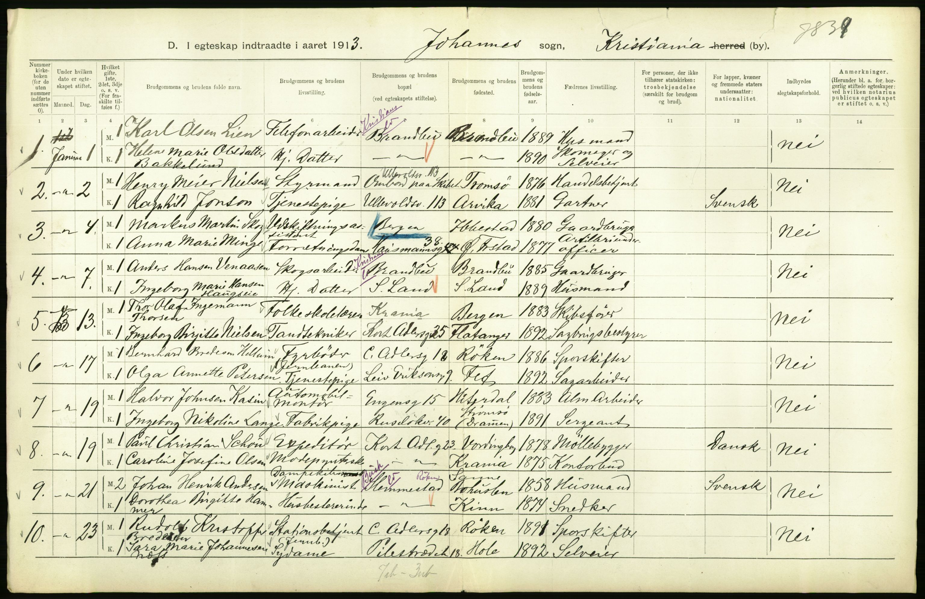 Statistisk sentralbyrå, Sosiodemografiske emner, Befolkning, AV/RA-S-2228/D/Df/Dfb/Dfbc/L0008: Kristiania: Gifte., 1913, s. 754