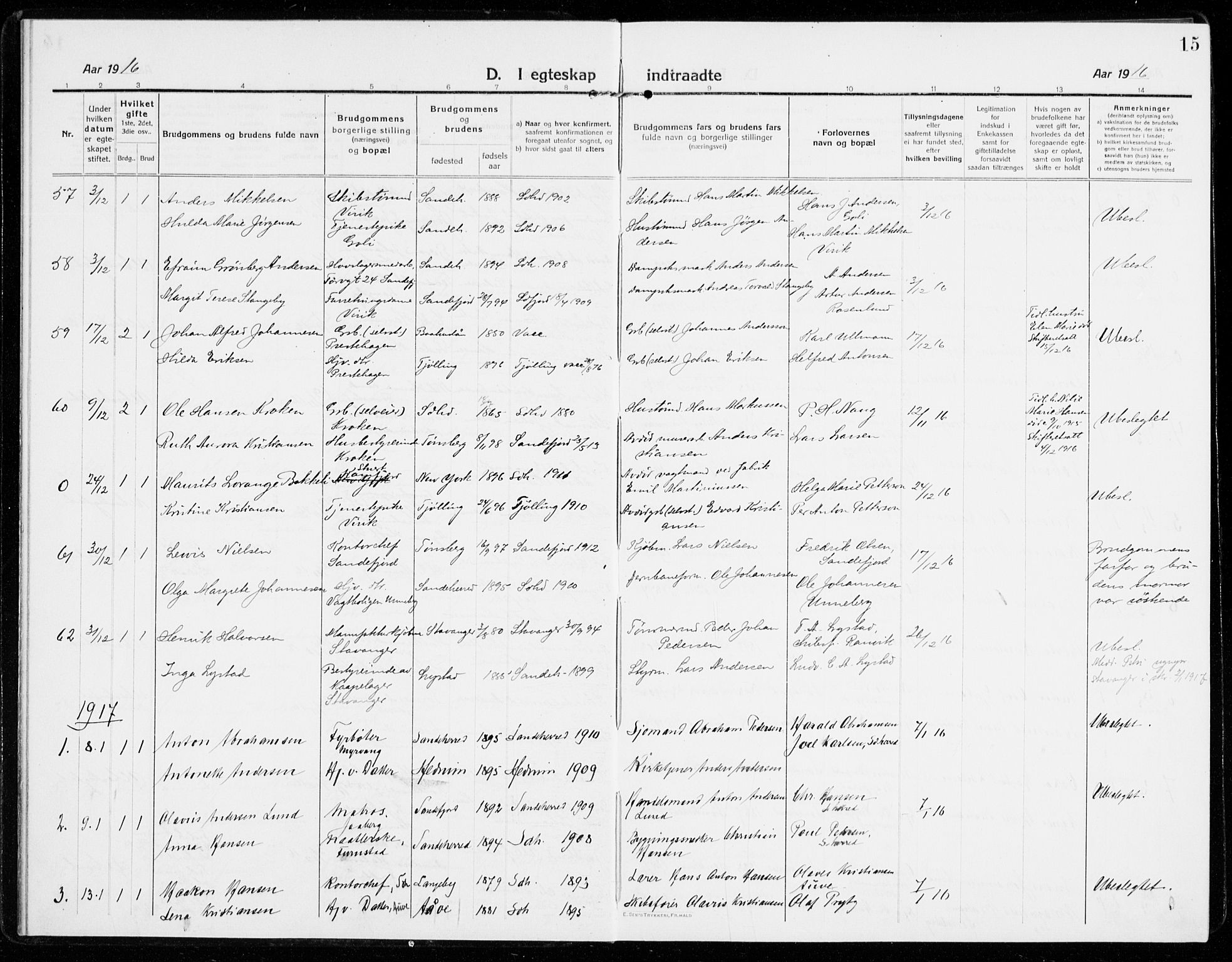 Sandar kirkebøker, AV/SAKO-A-243/F/Fa/L0020: Ministerialbok nr. 20, 1915-1919, s. 15