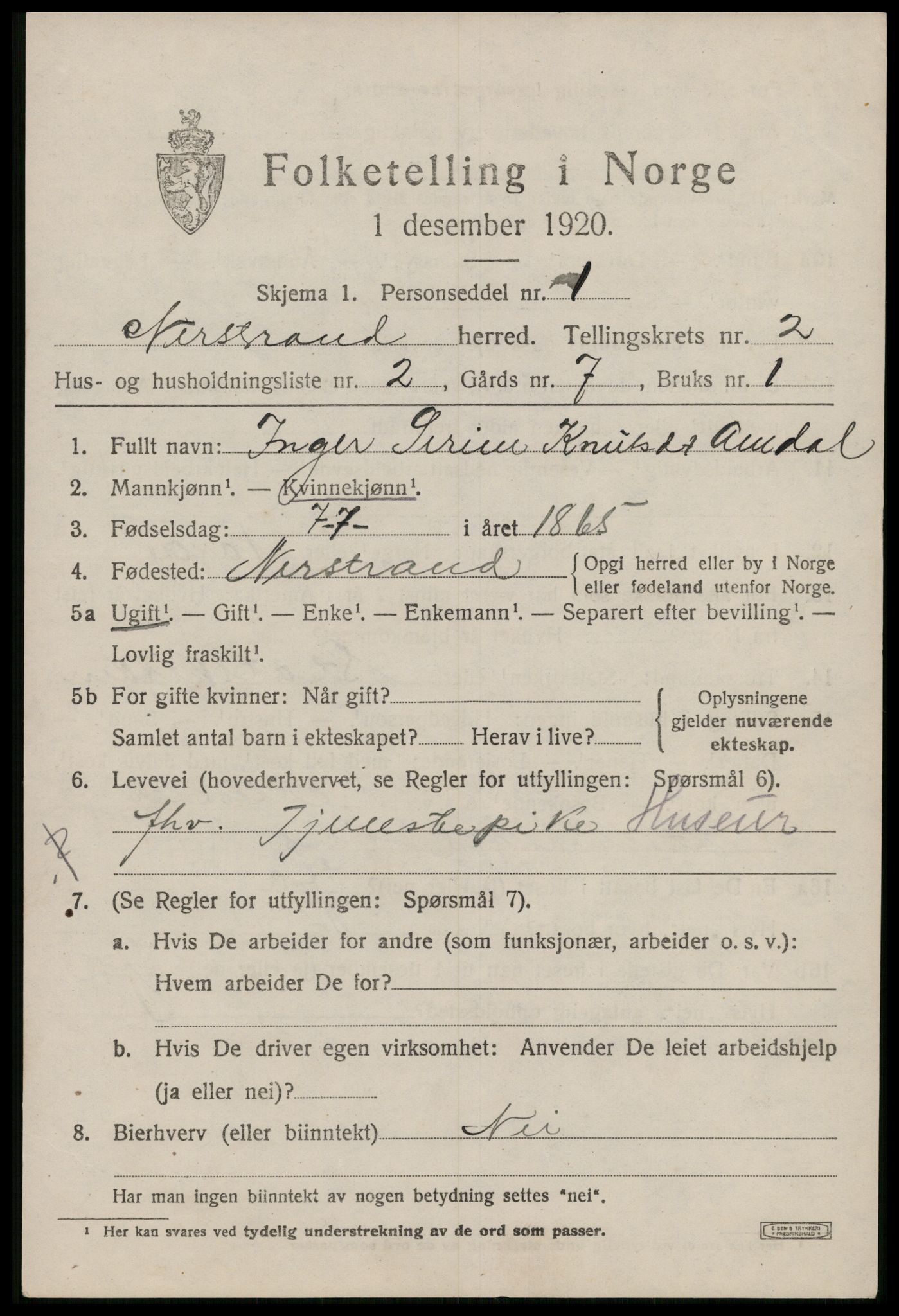 SAST, Folketelling 1920 for 1139 Nedstrand herred, 1920, s. 997