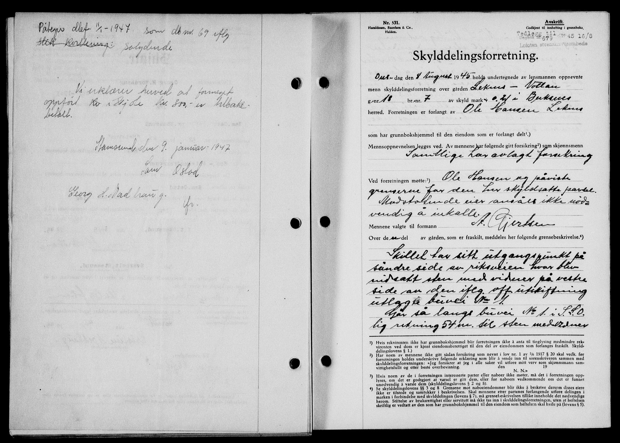Lofoten sorenskriveri, SAT/A-0017/1/2/2C/L0013a: Pantebok nr. 13a, 1944-1946, Dagboknr: 679/1945