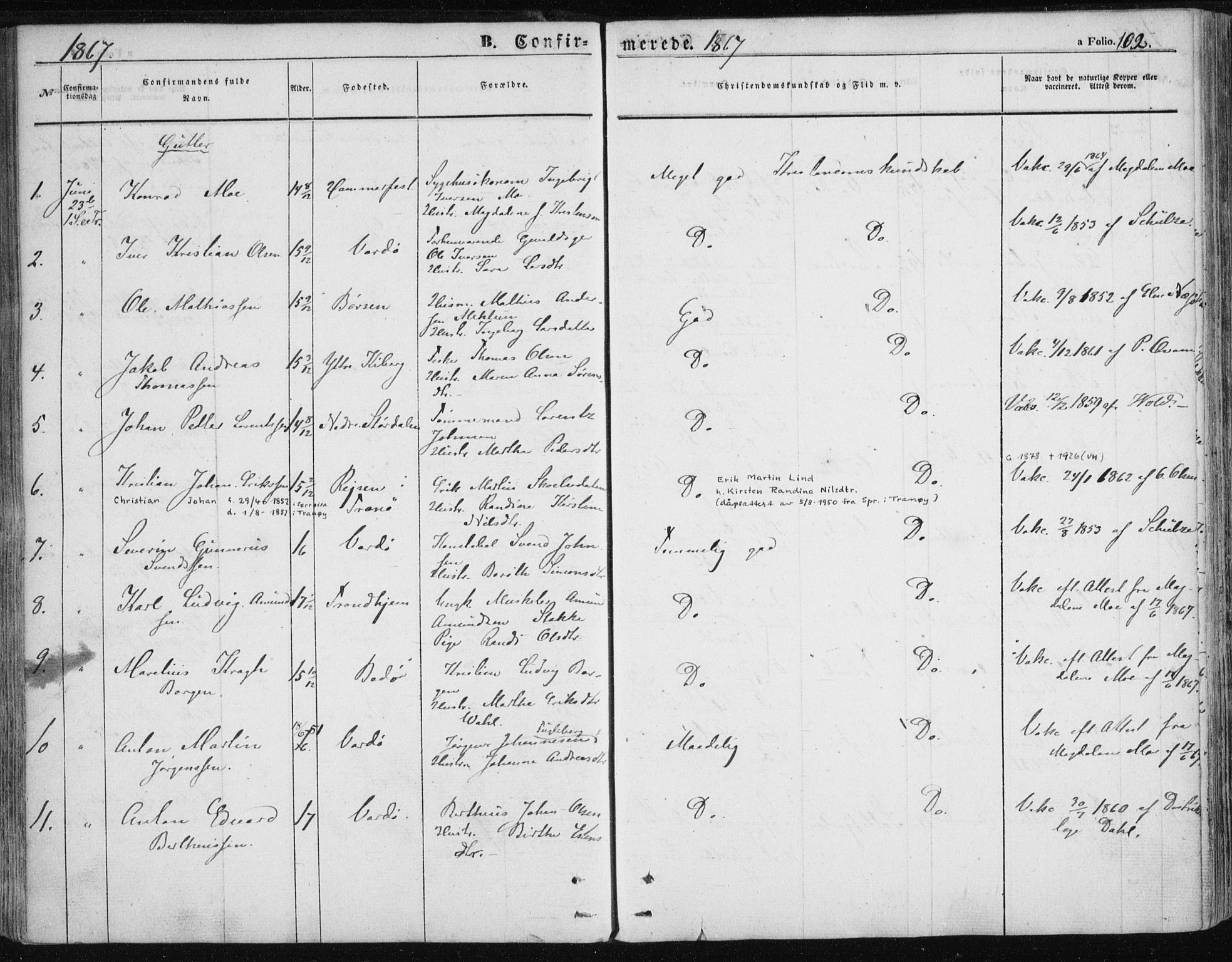 Vardø sokneprestkontor, AV/SATØ-S-1332/H/Ha/L0004kirke: Ministerialbok nr. 4, 1862-1871, s. 102