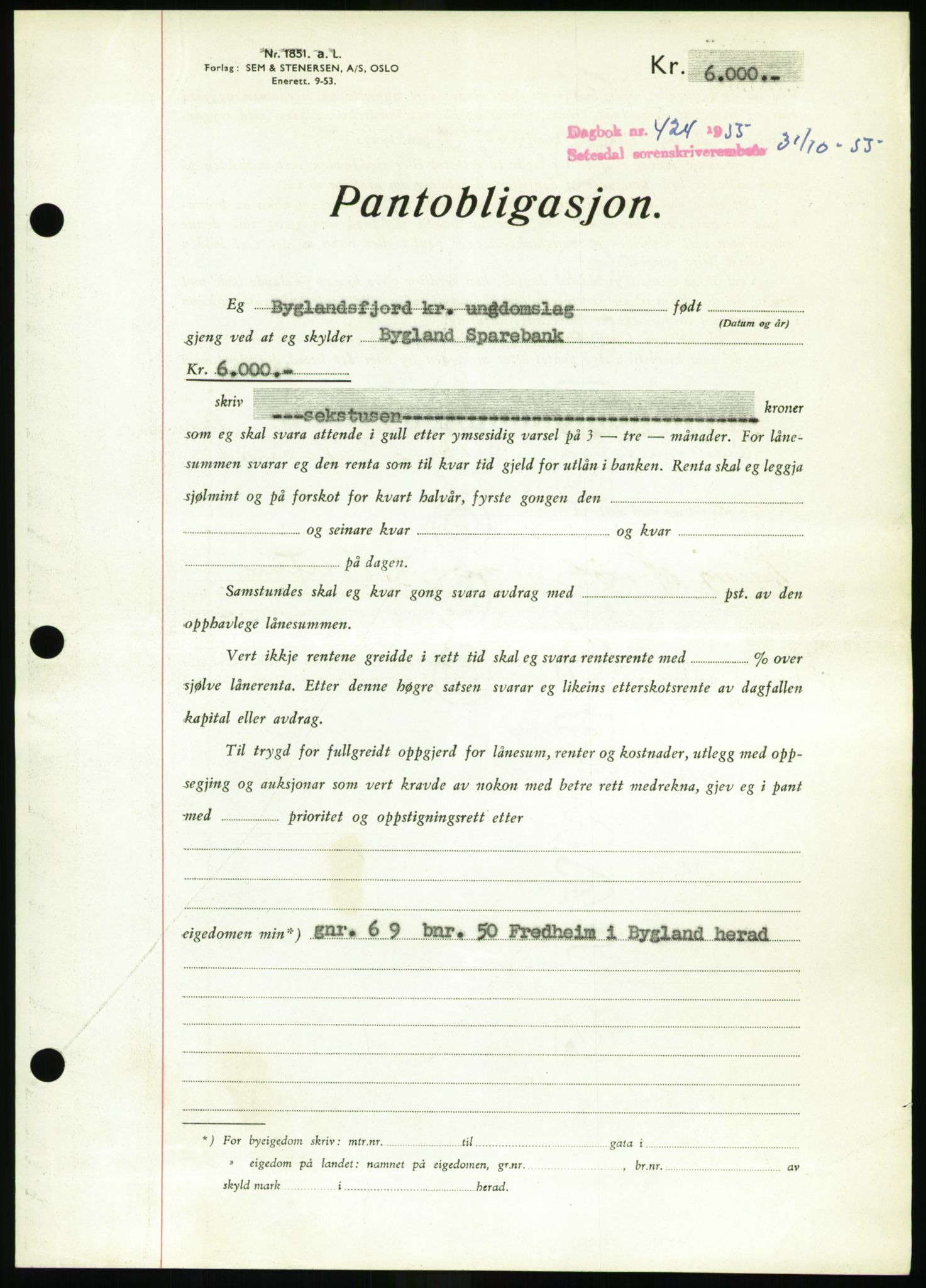 Setesdal sorenskriveri, SAK/1221-0011/G/Gb/L0052: Pantebok nr. B 40, 1954-1955, Dagboknr: 424/1955