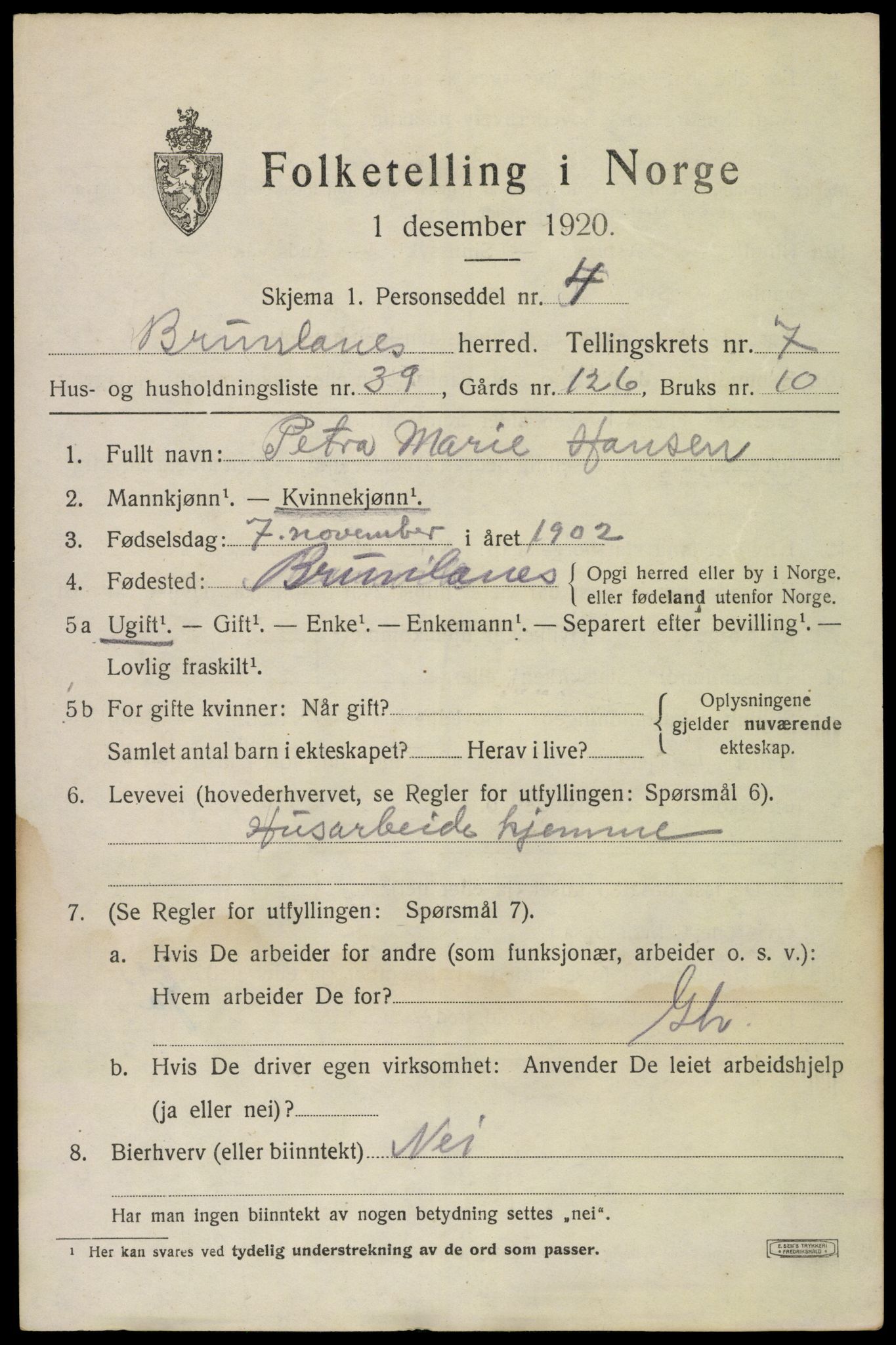 SAKO, Folketelling 1920 for 0726 Brunlanes herred, 1920, s. 7501