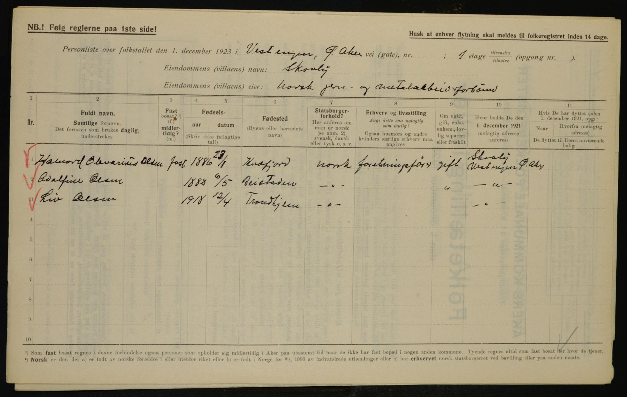 , Kommunal folketelling 1.12.1923 for Aker, 1923, s. 44797