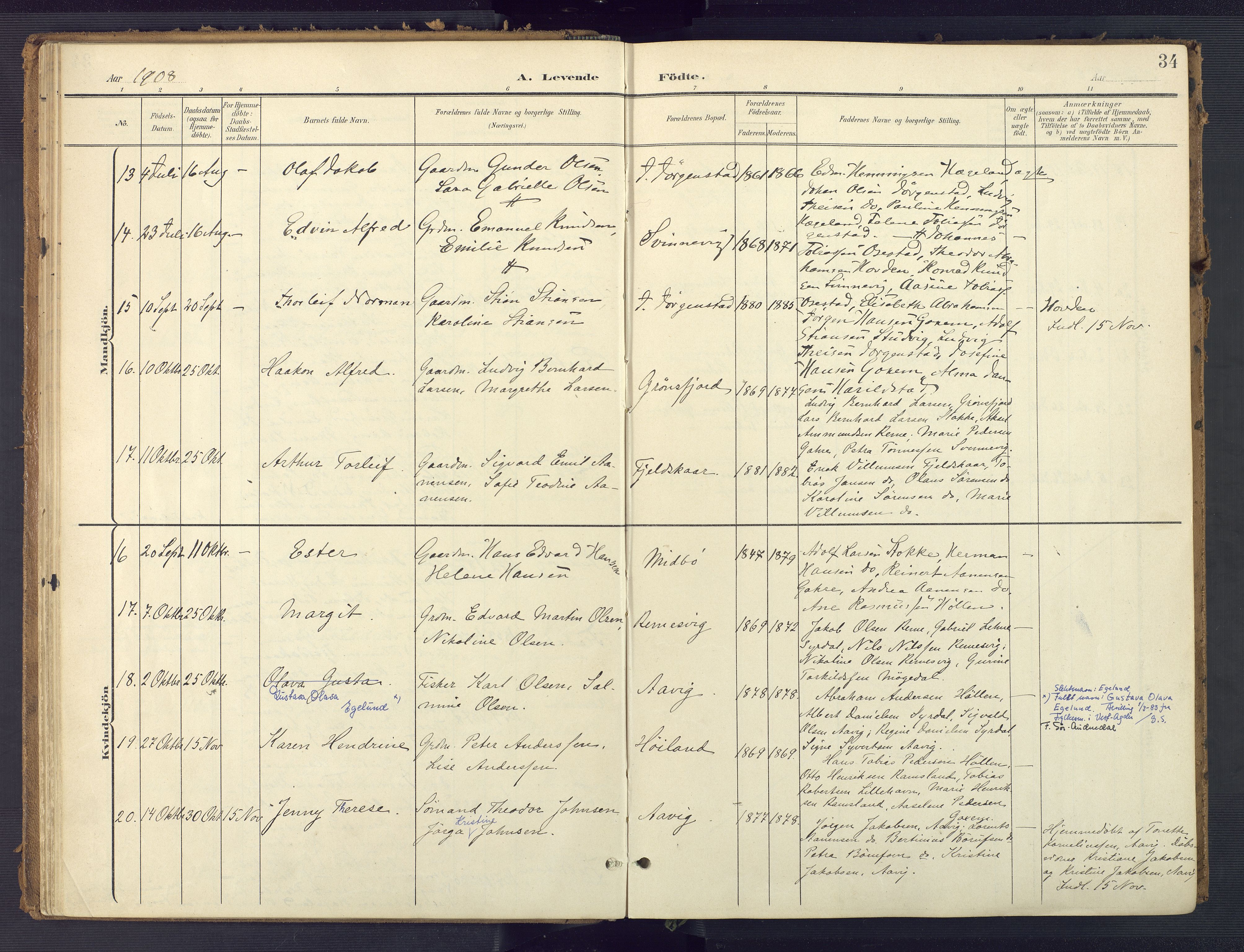 Sør-Audnedal sokneprestkontor, AV/SAK-1111-0039/F/Fa/Faa/L0005: Ministerialbok nr. A 5, 1900-1923, s. 34