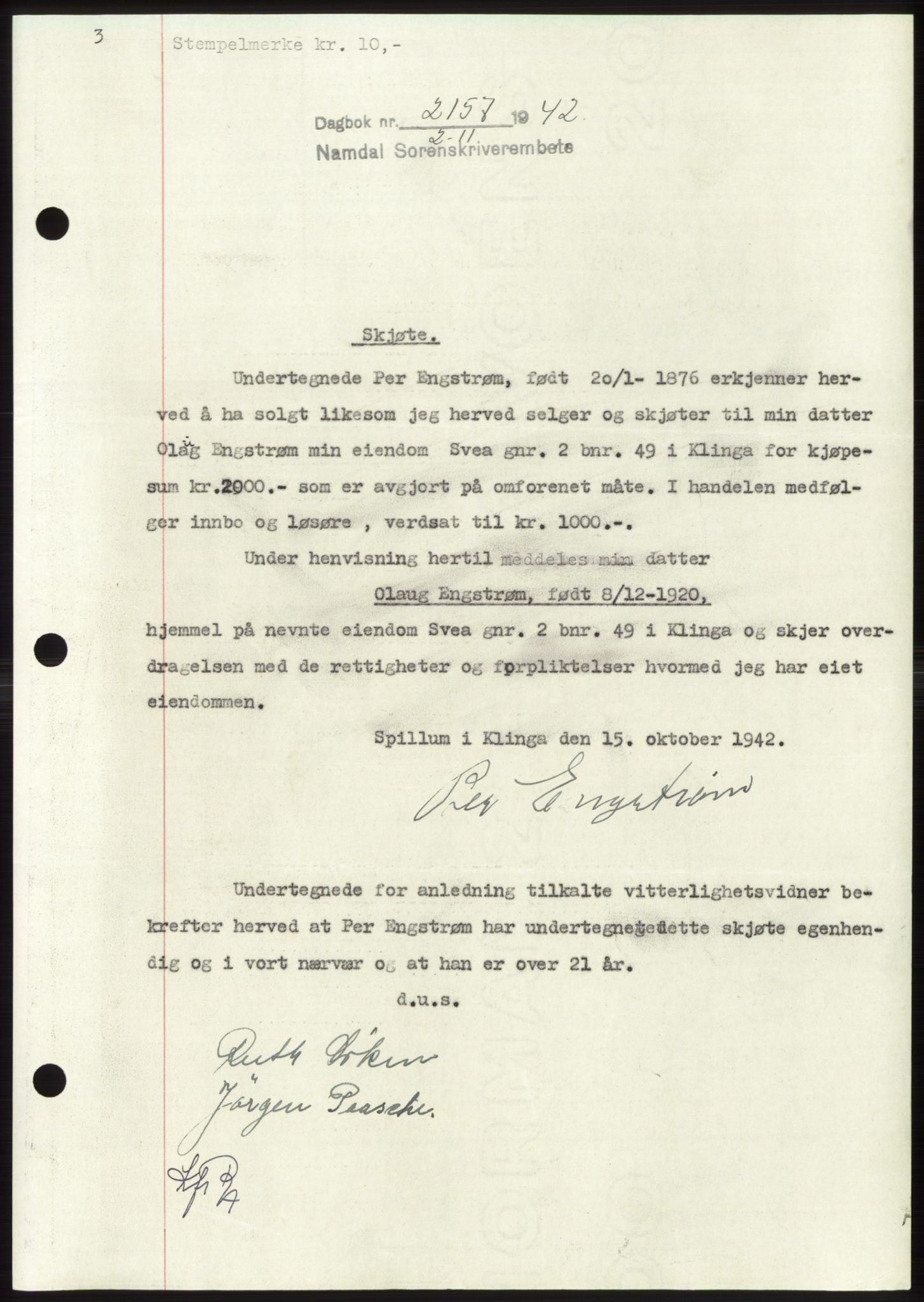 Namdal sorenskriveri, SAT/A-4133/1/2/2C: Pantebok nr. -, 1942-1943, Dagboknr: 2157/1942