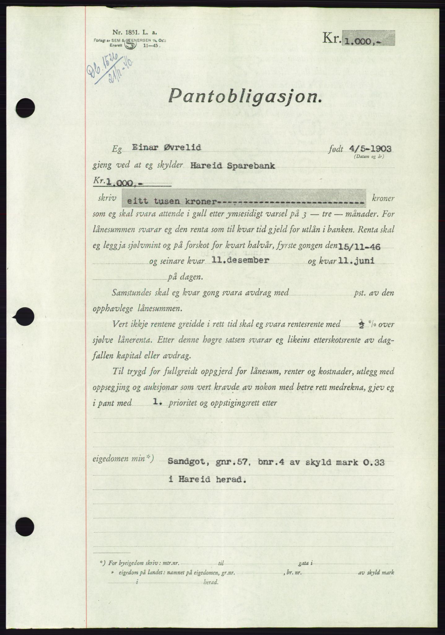 Søre Sunnmøre sorenskriveri, AV/SAT-A-4122/1/2/2C/L0114: Pantebok nr. 1-2B, 1943-1947, Dagboknr: 1526/1946