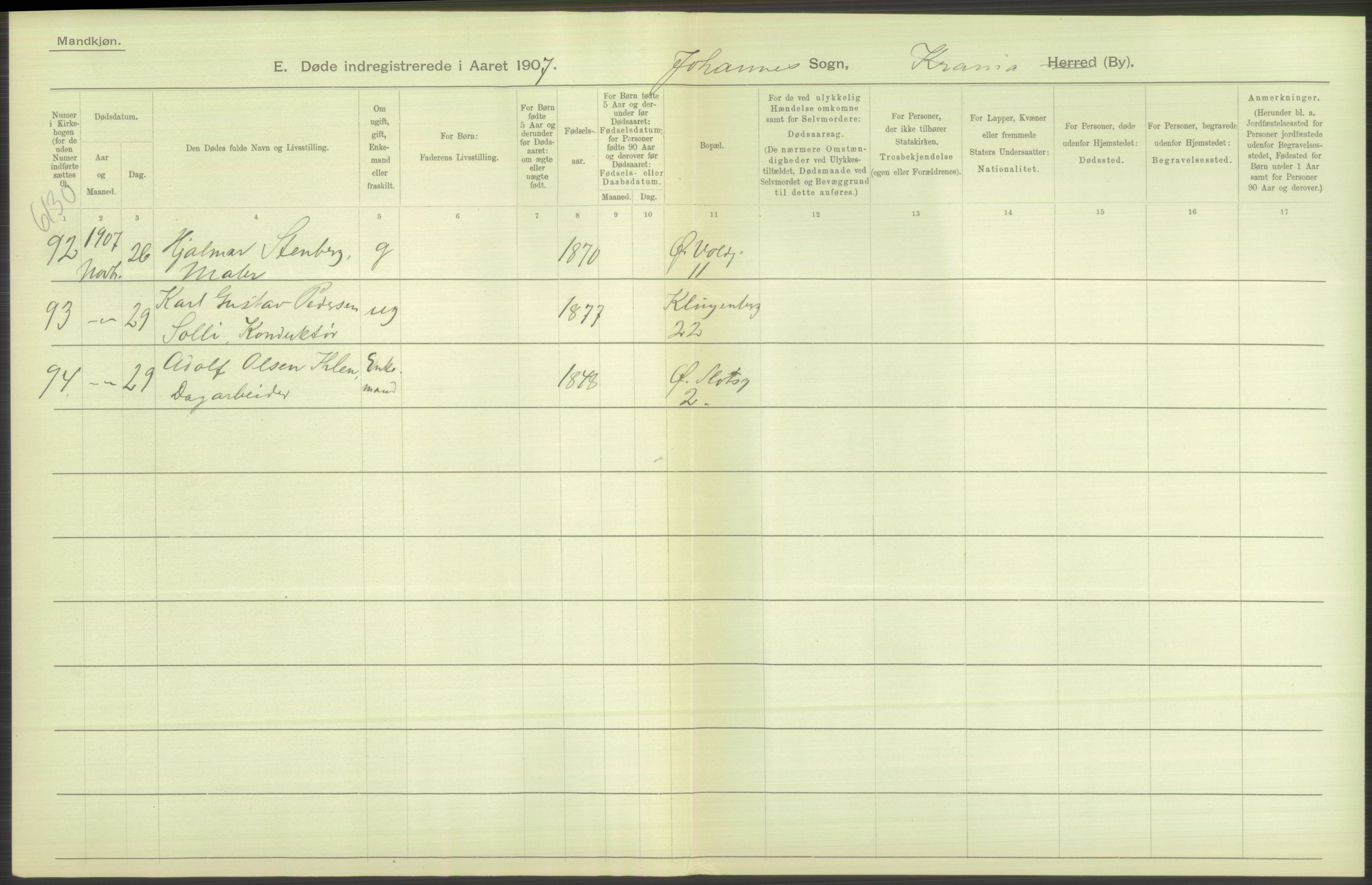 Statistisk sentralbyrå, Sosiodemografiske emner, Befolkning, AV/RA-S-2228/D/Df/Dfa/Dfae/L0010: Kristiania: Døde, dødfødte, 1907, s. 434