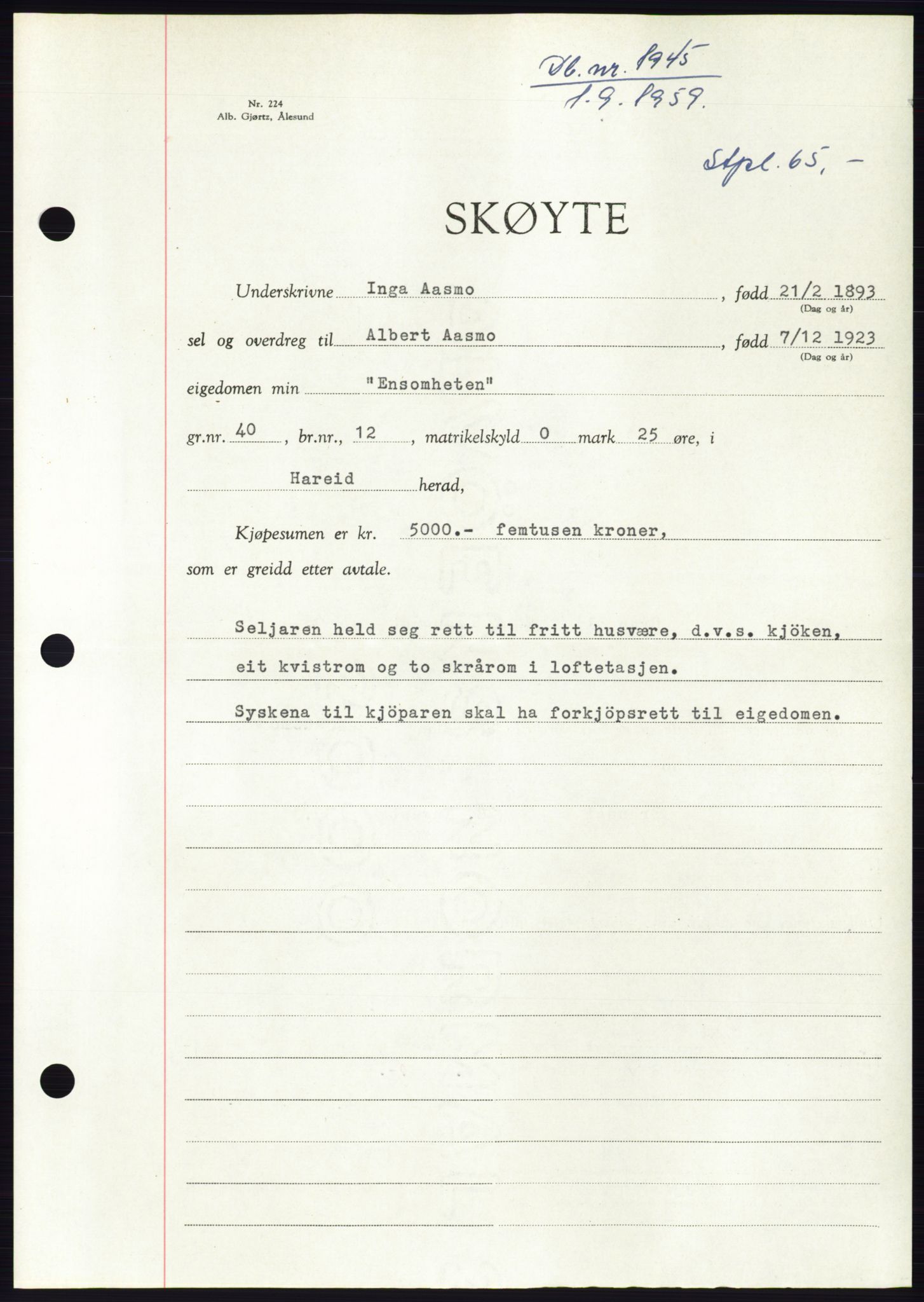 Søre Sunnmøre sorenskriveri, SAT/A-4122/1/2/2C/L0113: Pantebok nr. 39A, 1959-1959, Dagboknr: 1945/1959