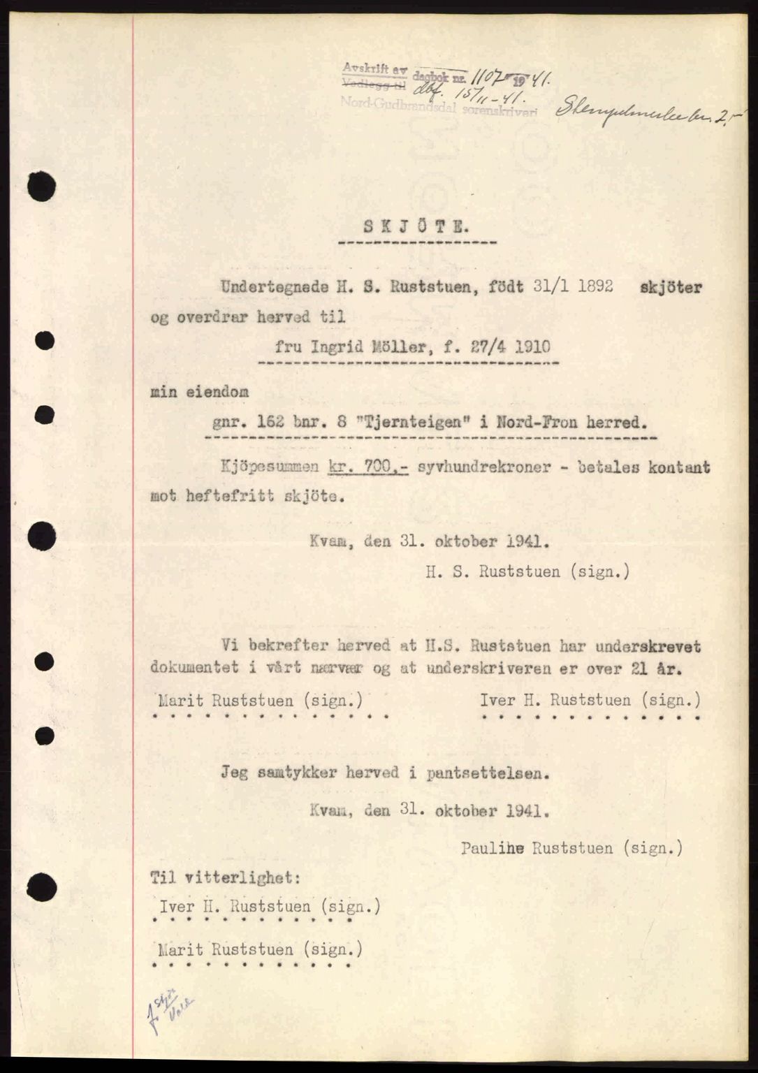 Nord-Gudbrandsdal tingrett, SAH/TING-002/H/Hb/Hbb/L0007: Pantebok nr. FA7, 1941-1941, Dagboknr: 1107/1941