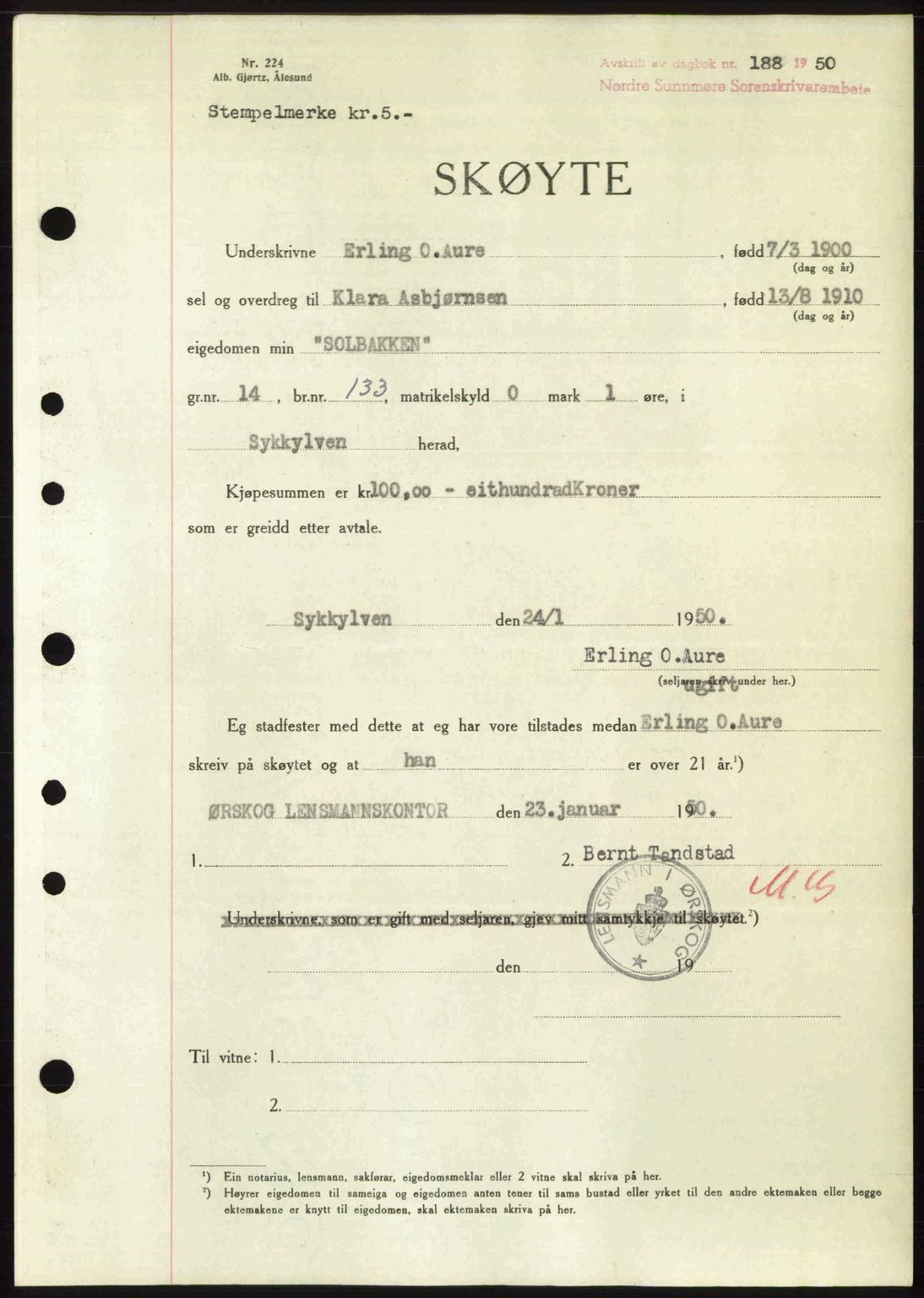 Nordre Sunnmøre sorenskriveri, SAT/A-0006/1/2/2C/2Ca: Pantebok nr. A33, 1949-1950, Dagboknr: 188/1950