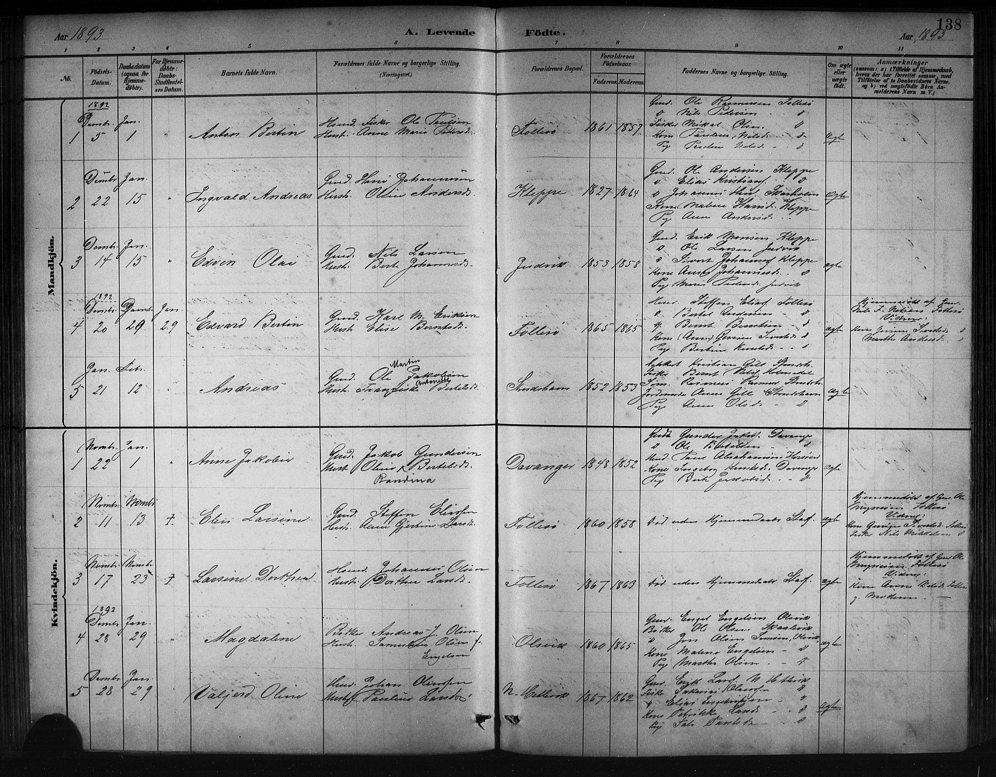 Askøy Sokneprestembete, AV/SAB-A-74101/H/Ha/Hab/Haba/L0008: Klokkerbok nr. A 8, 1882-1893, s. 138