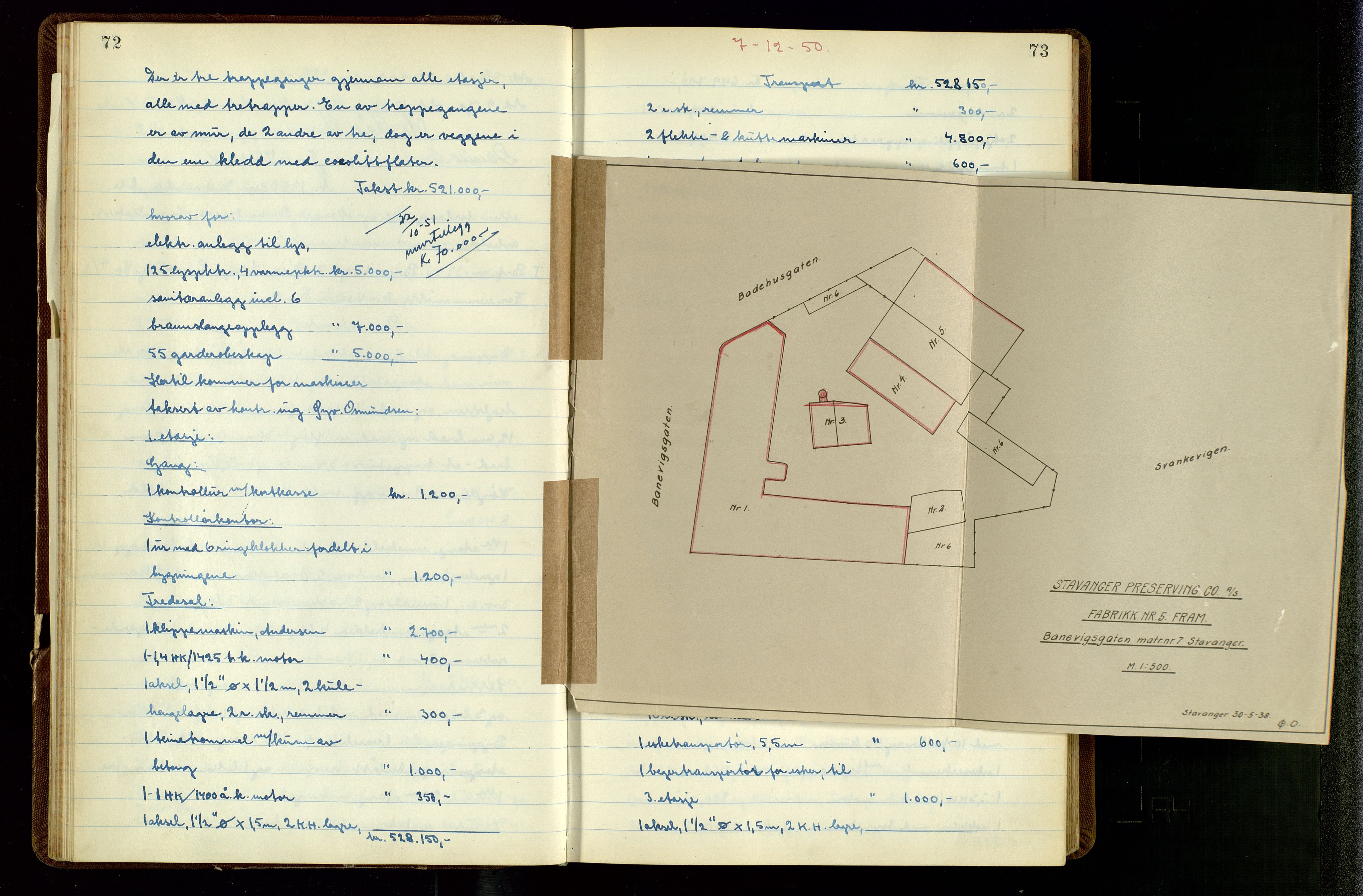 Norges Brannkasse Stavanger, AV/SAST-A-102143/F/Fd/L0038: Branntaksprotokoll nr. 49, 1950-1951, s. 72-73