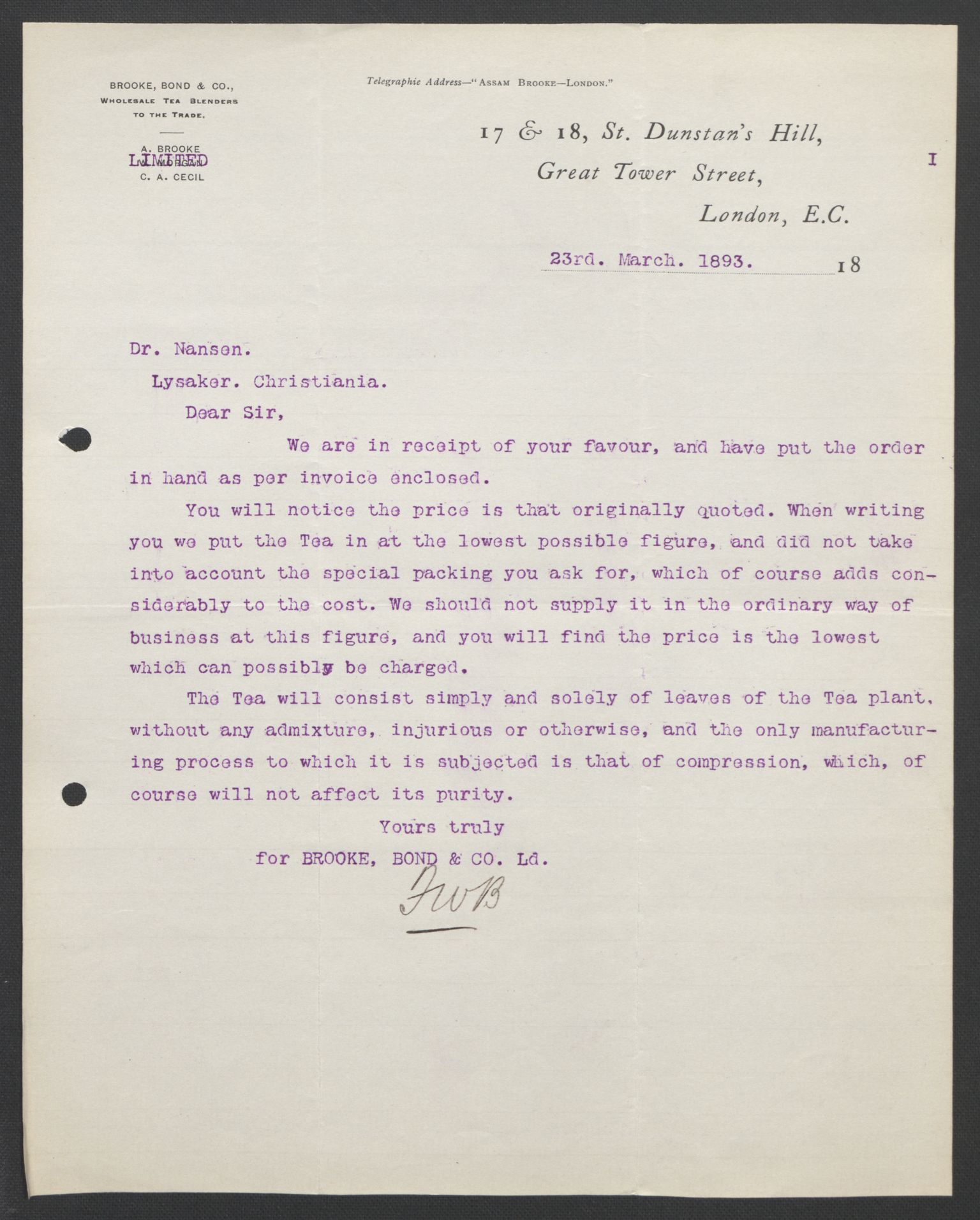 Arbeidskomitéen for Fridtjof Nansens polarekspedisjon, AV/RA-PA-0061/D/L0004: Innk. brev og telegrammer vedr. proviant og utrustning, 1892-1893, s. 124